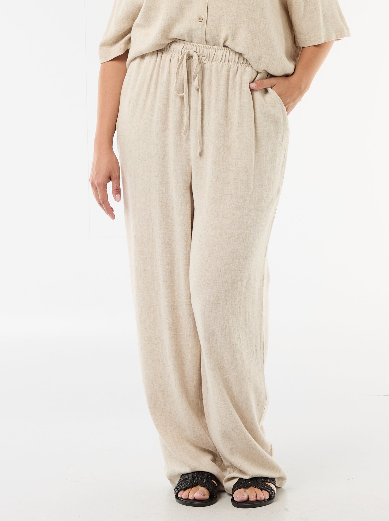 Pantalon uni en lin mélangé - Beige