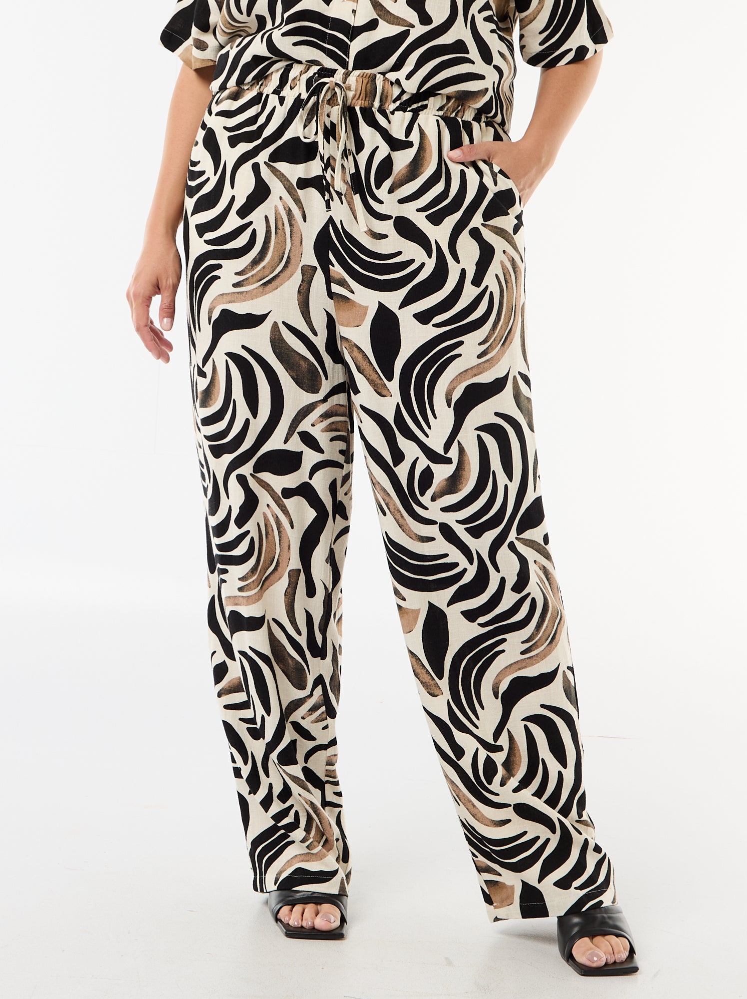 Pantalon uni en lin mélangé - Noir