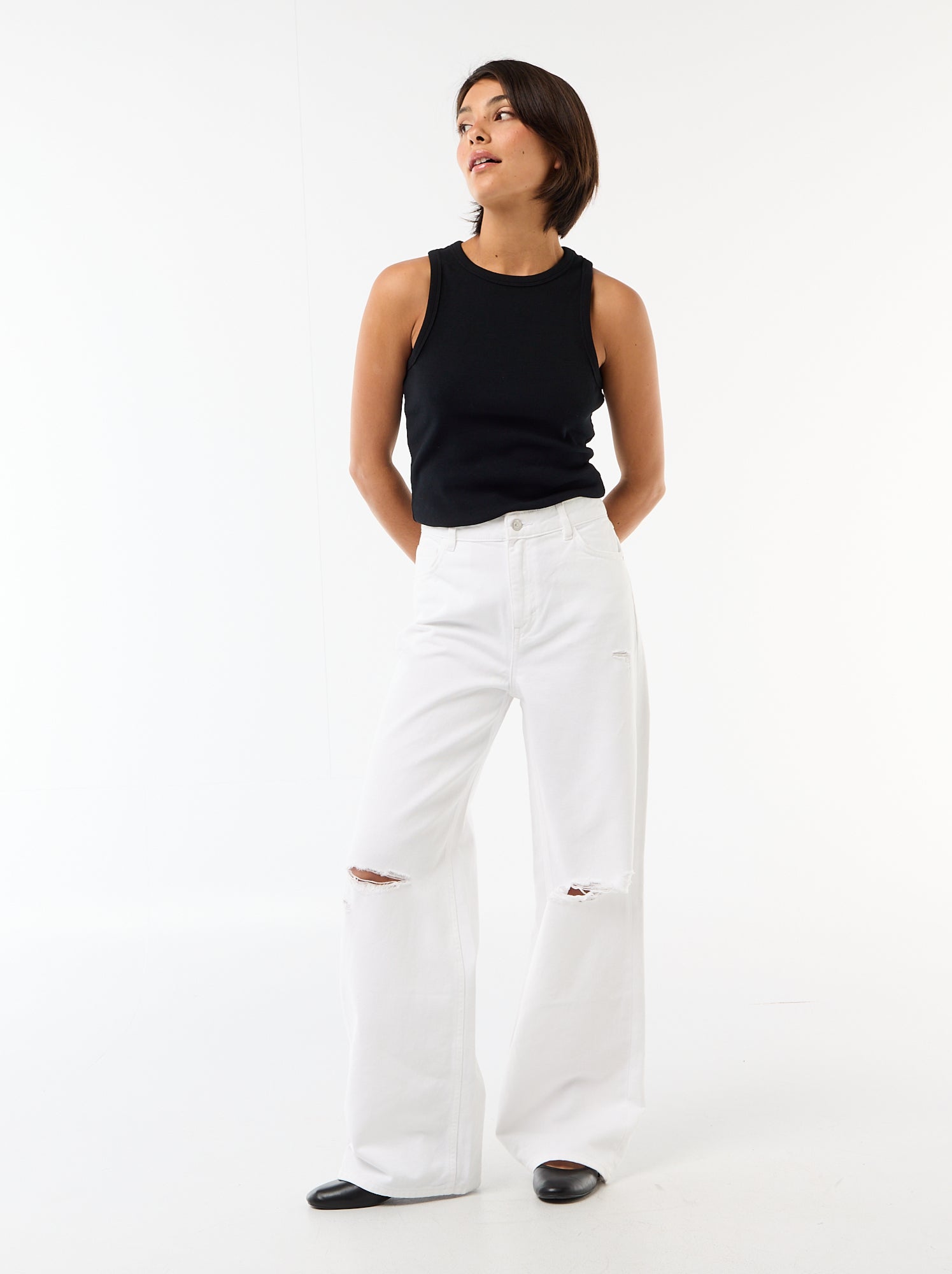 Pantalon wide leg destroy taille basse - Blanc