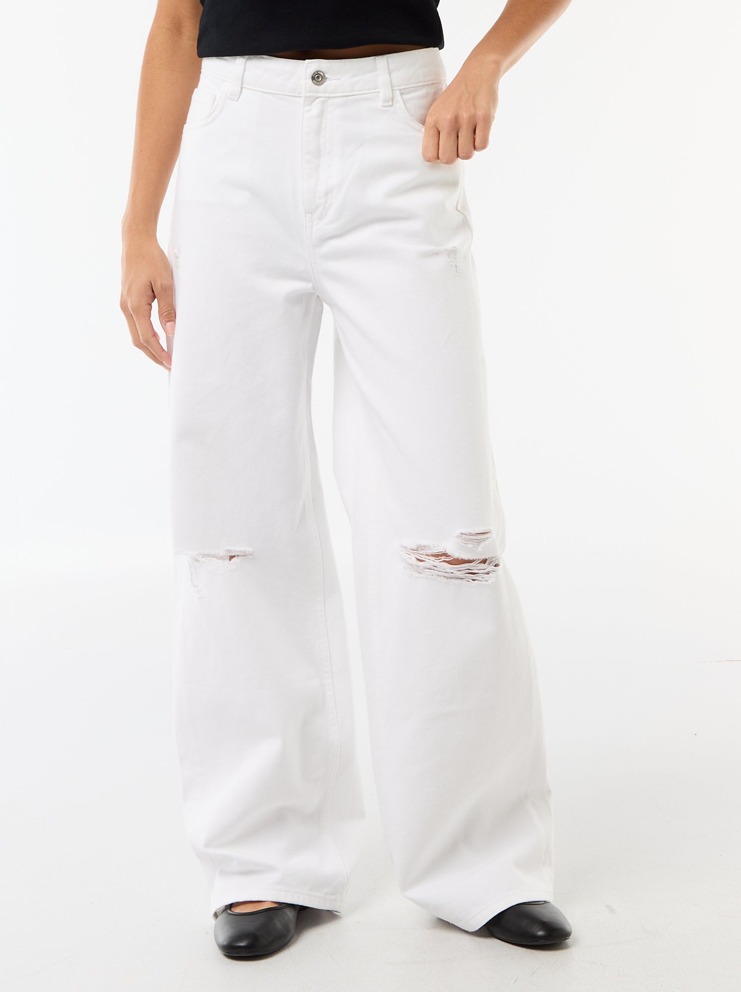 Pantalon wide leg destroy taille basse - Blanc