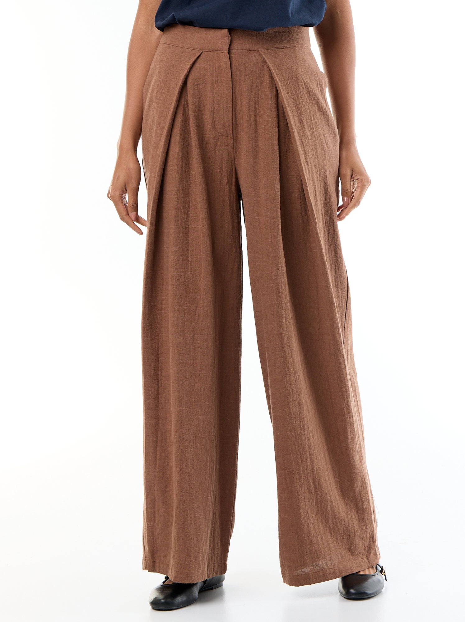 Pantalon wide leg en lin mélangé - Marron