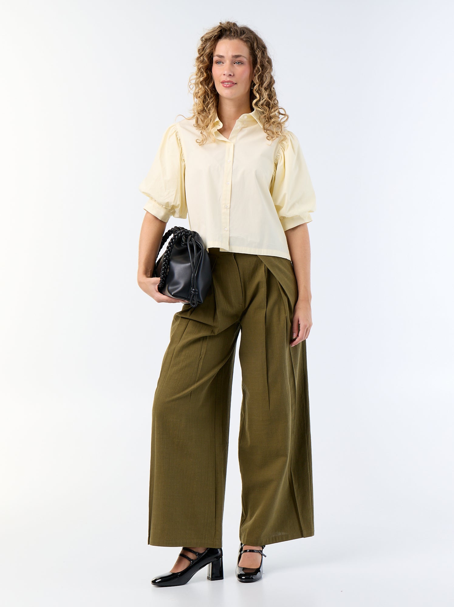 Pantalon wide leg en lin mélangé - Vert