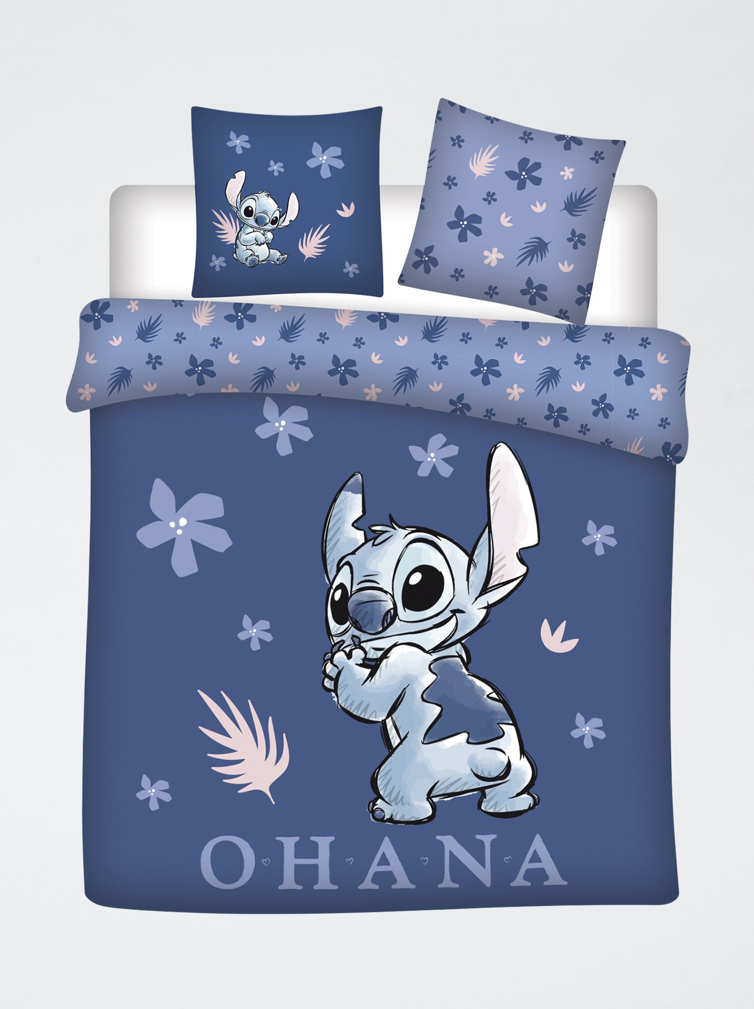 Parure de draps 'Stitch' 3 pièces : 1 housse de couette 2 personnes + 2 taies d'oreiller - Bleu