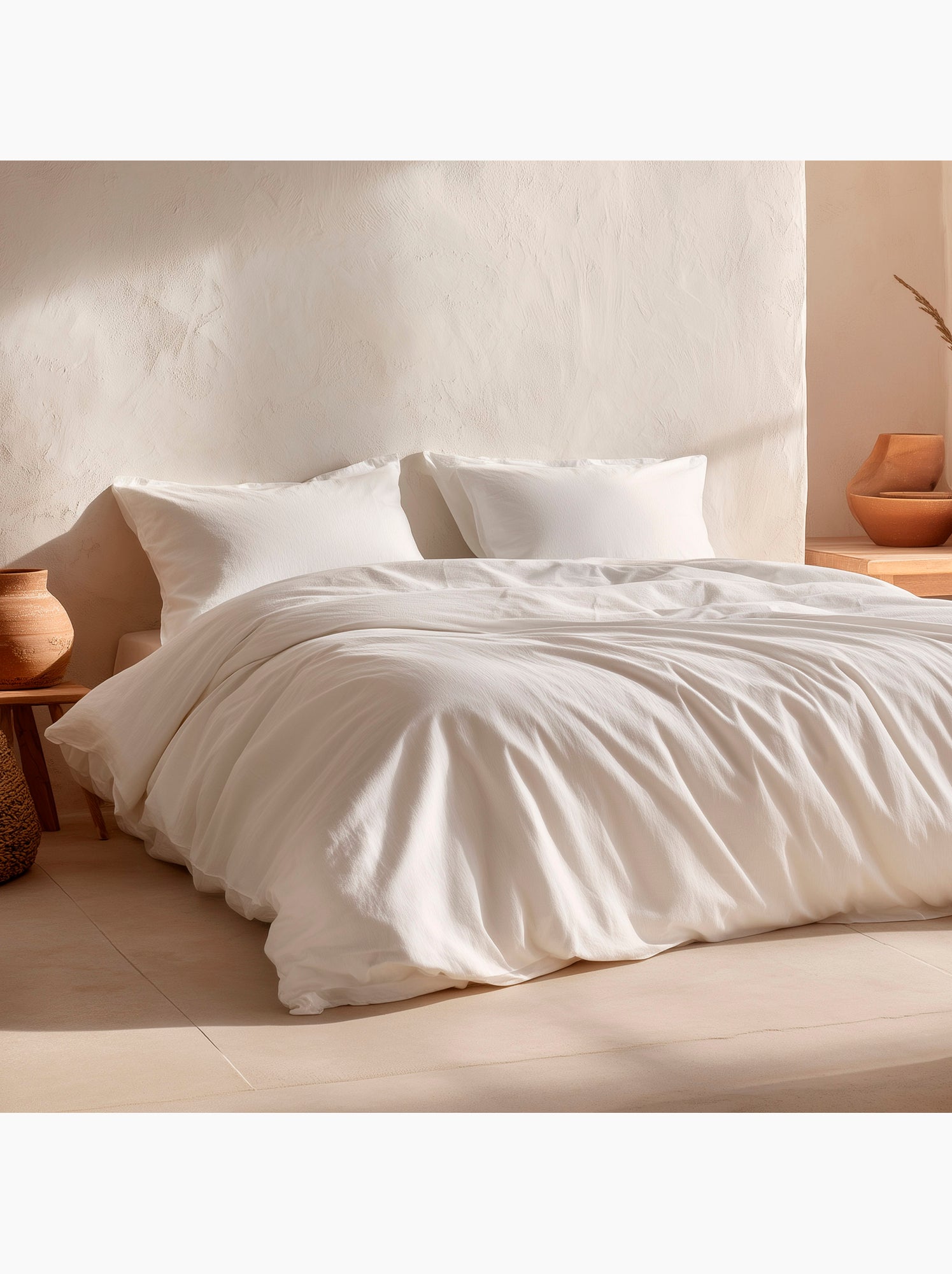Parure de housse de couette 100% coton, avec taie(s) d’oreiller, unie - Gamusi. - Blanc