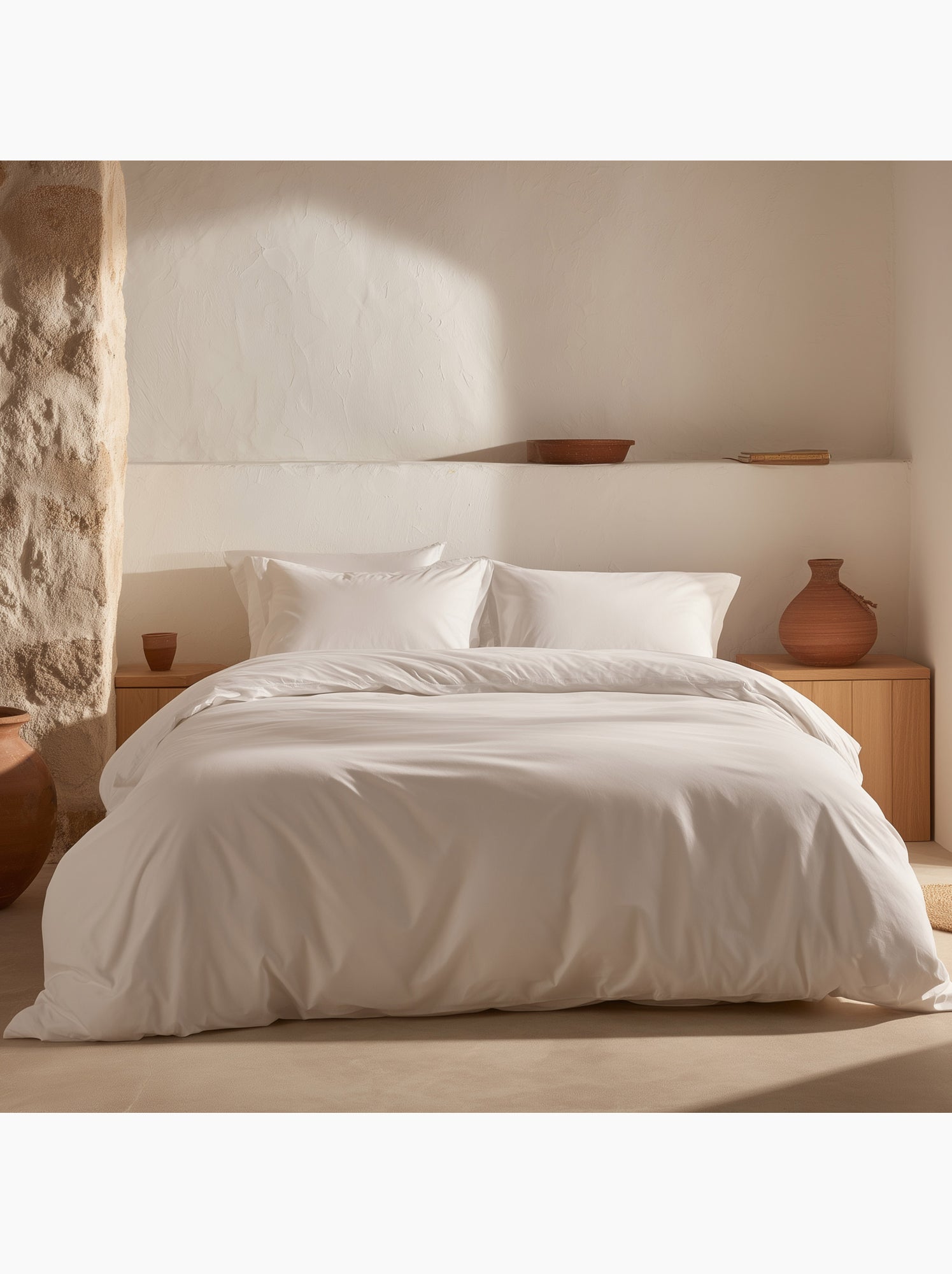 Parure de housse de couette 100% coton, avec taie(s) d’oreiller, unie - Gamusi. - Blanc