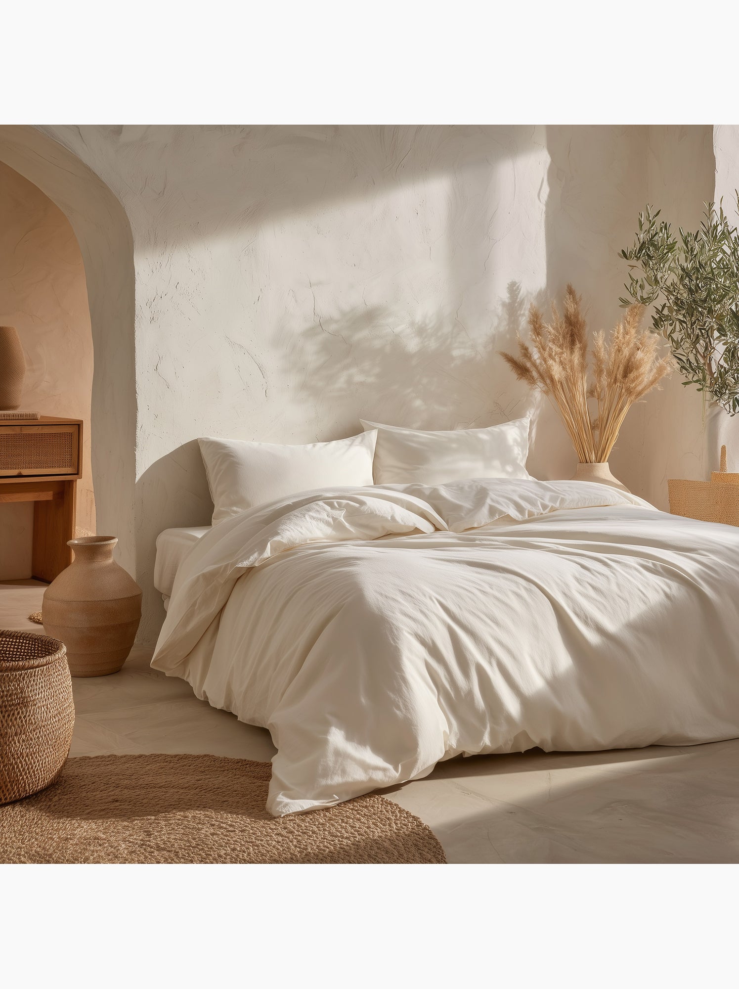Parure de housse de couette 100% coton, avec taie(s) d’oreiller, unie - Gamusi. - Blanc