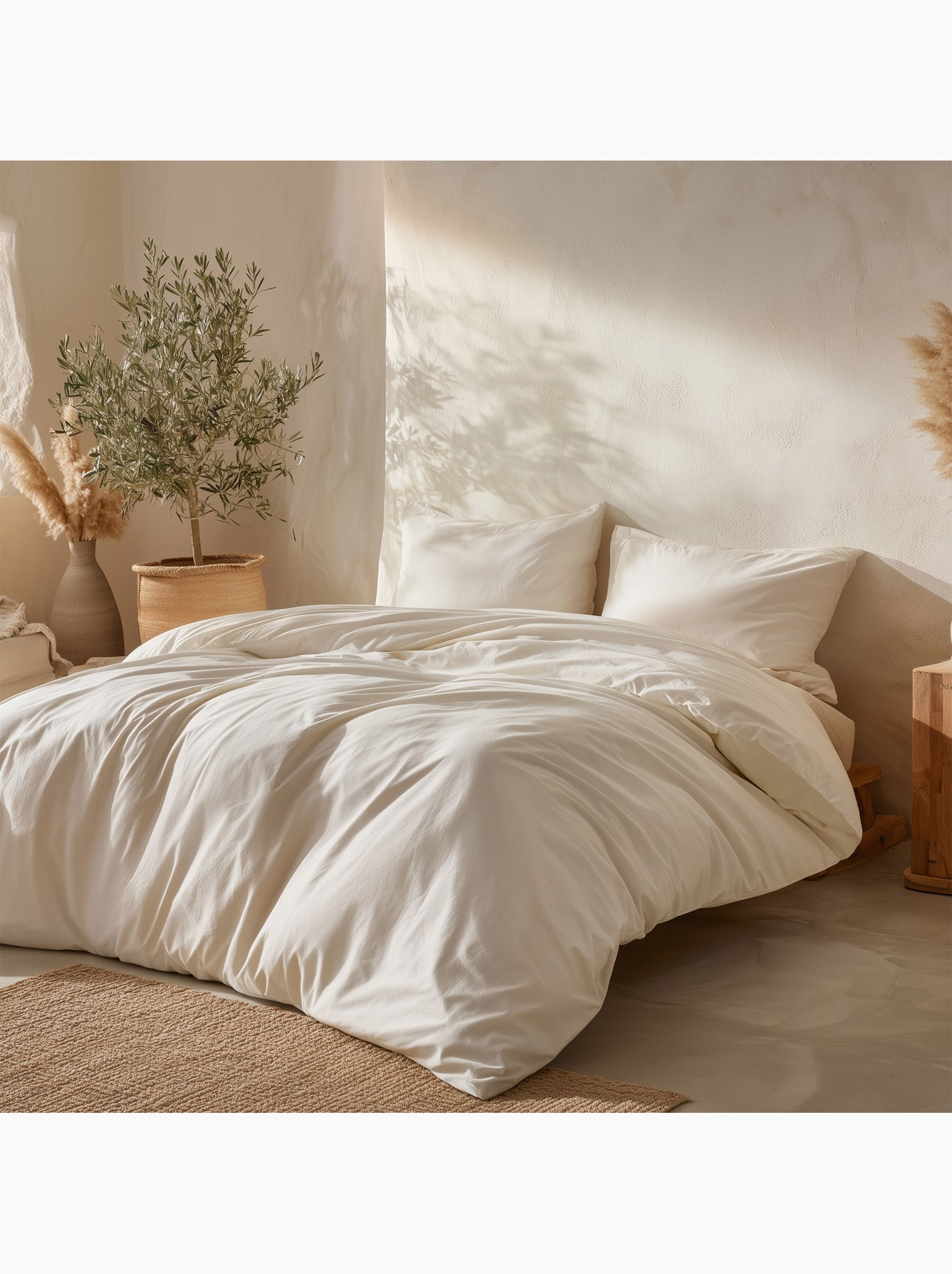 Parure de housse de couette 100% coton, avec taie(s) d’oreiller, unie - Gamusi. - Blanc