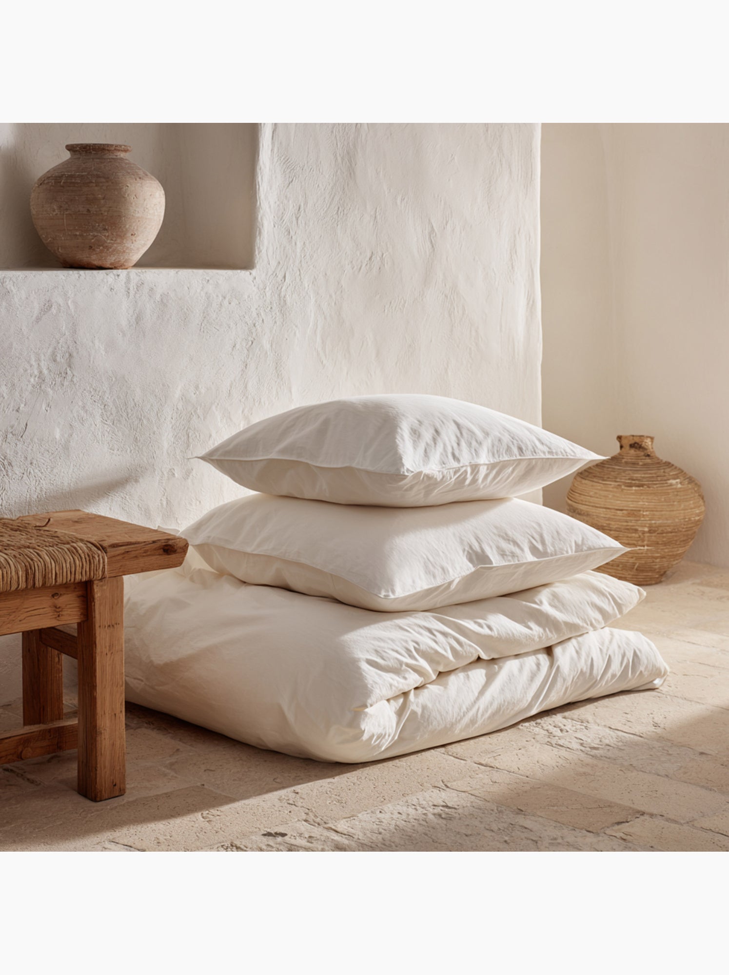 Parure de housse de couette 100% coton, avec taie(s) d’oreiller, unie - Gamusi. - Blanc