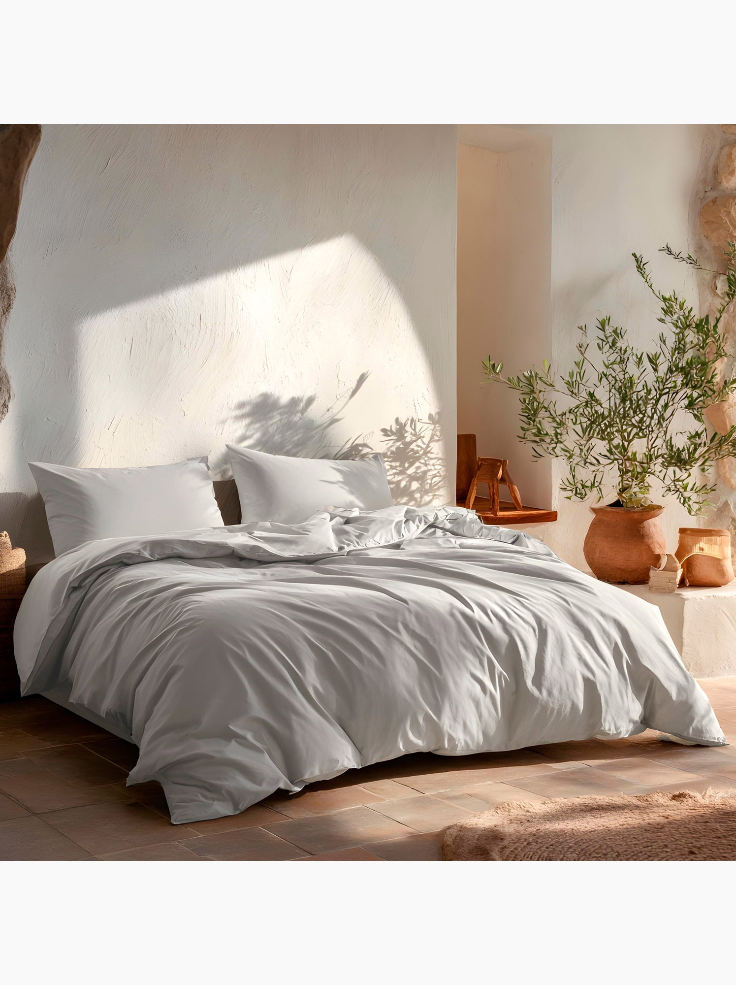 Parure de housse de couette 100% coton, avec taie(s) d’oreiller, unie - Gamusi. - Gris clair
