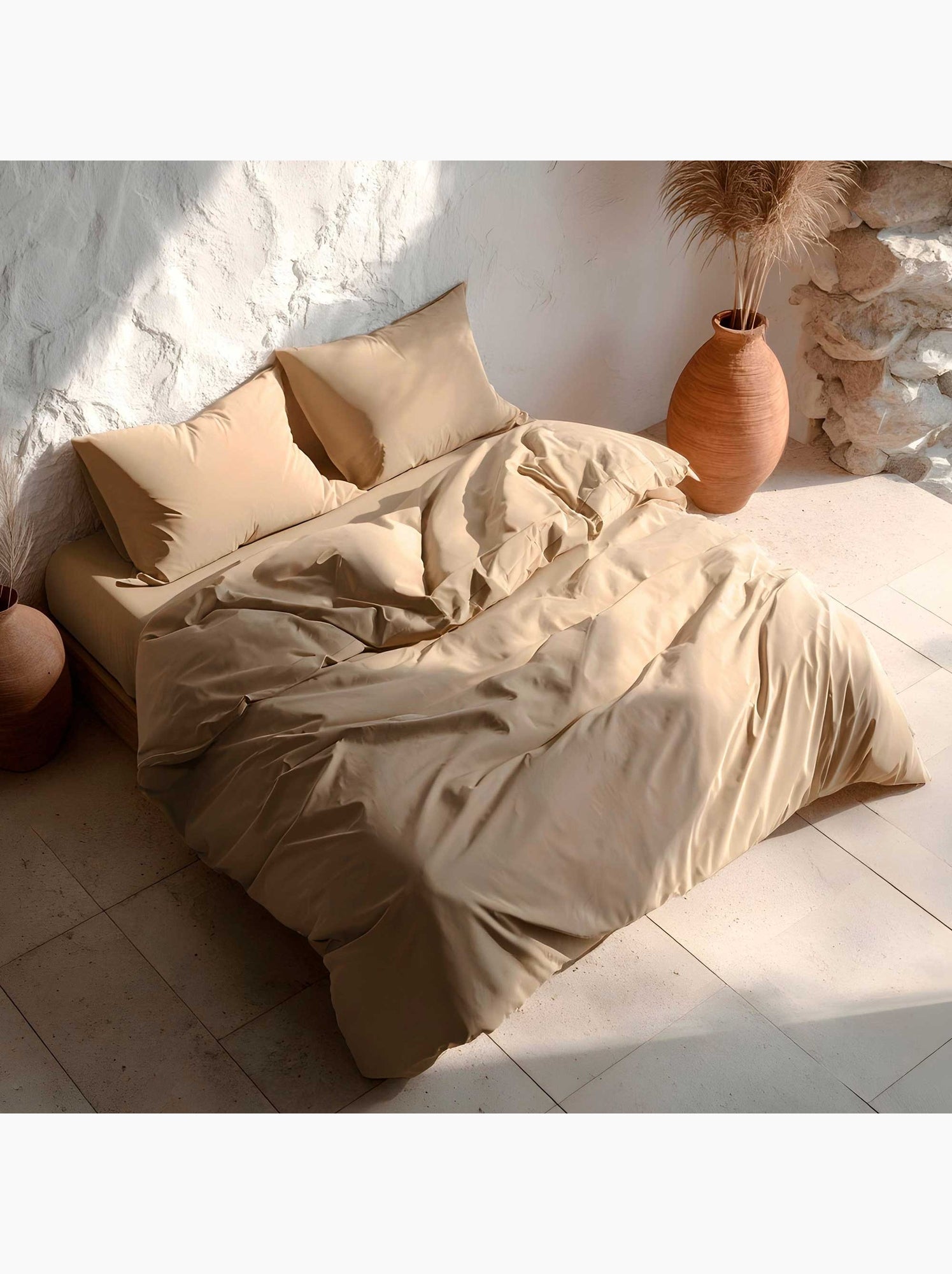 Parure de housse de couette 100% coton, avec taie(s) d’oreiller, unie - Gamusi. - Ocre