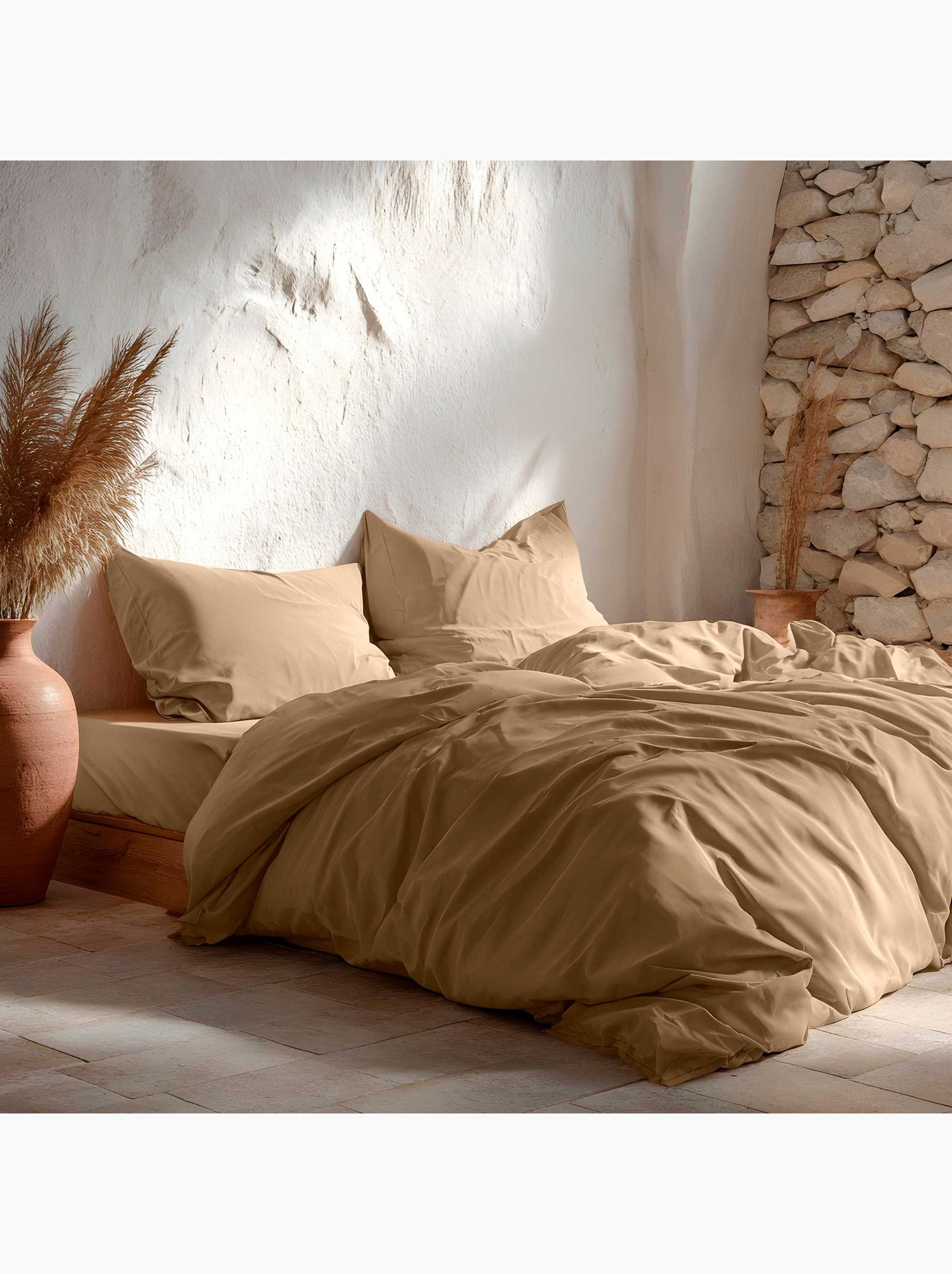 Parure de housse de couette 100% coton, avec taie(s) d’oreiller, unie - Gamusi. - Ocre