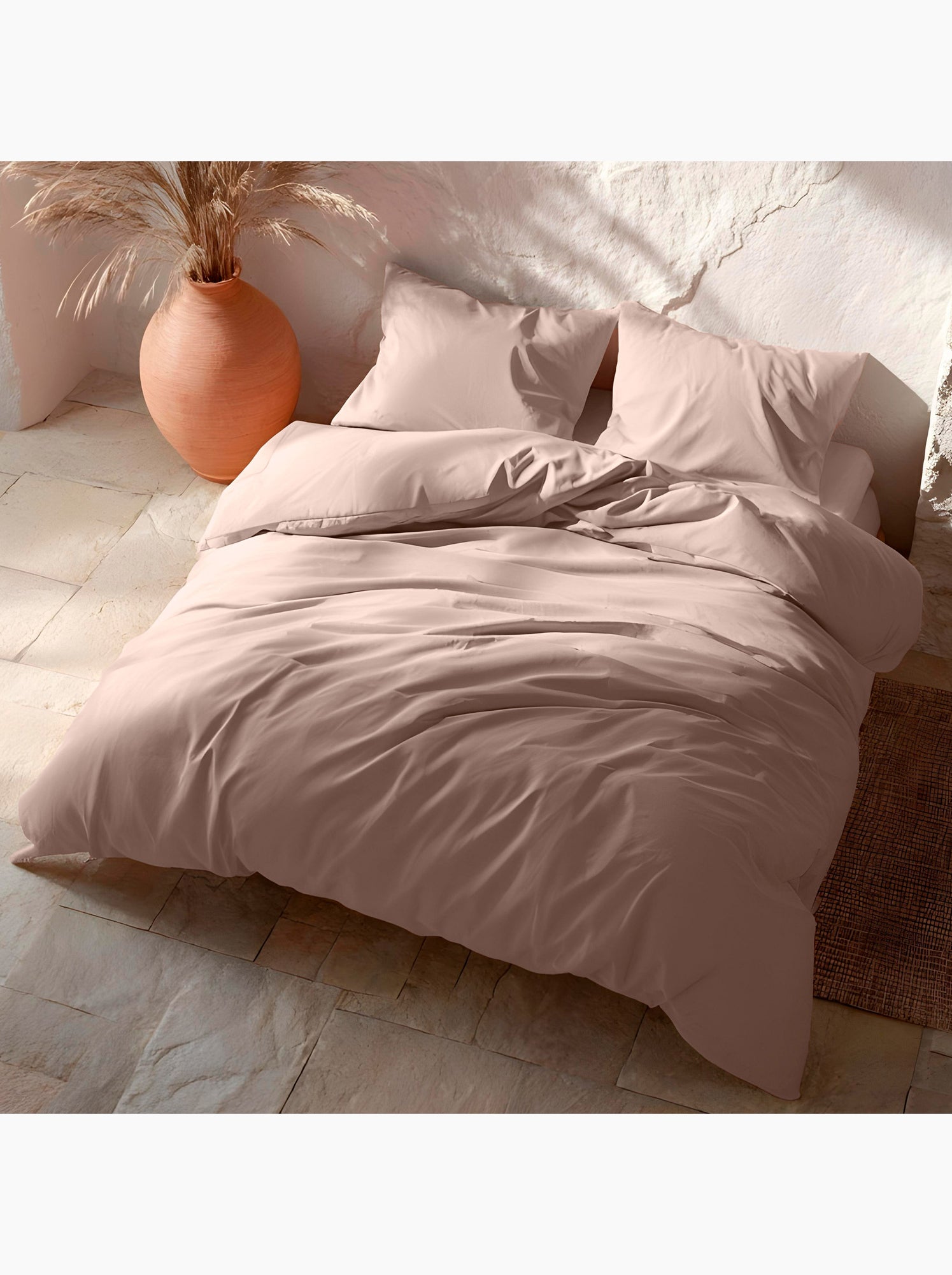 Parure de housse de couette 100% coton, avec taie(s) d’oreiller, unie - Gamusi. - Rose