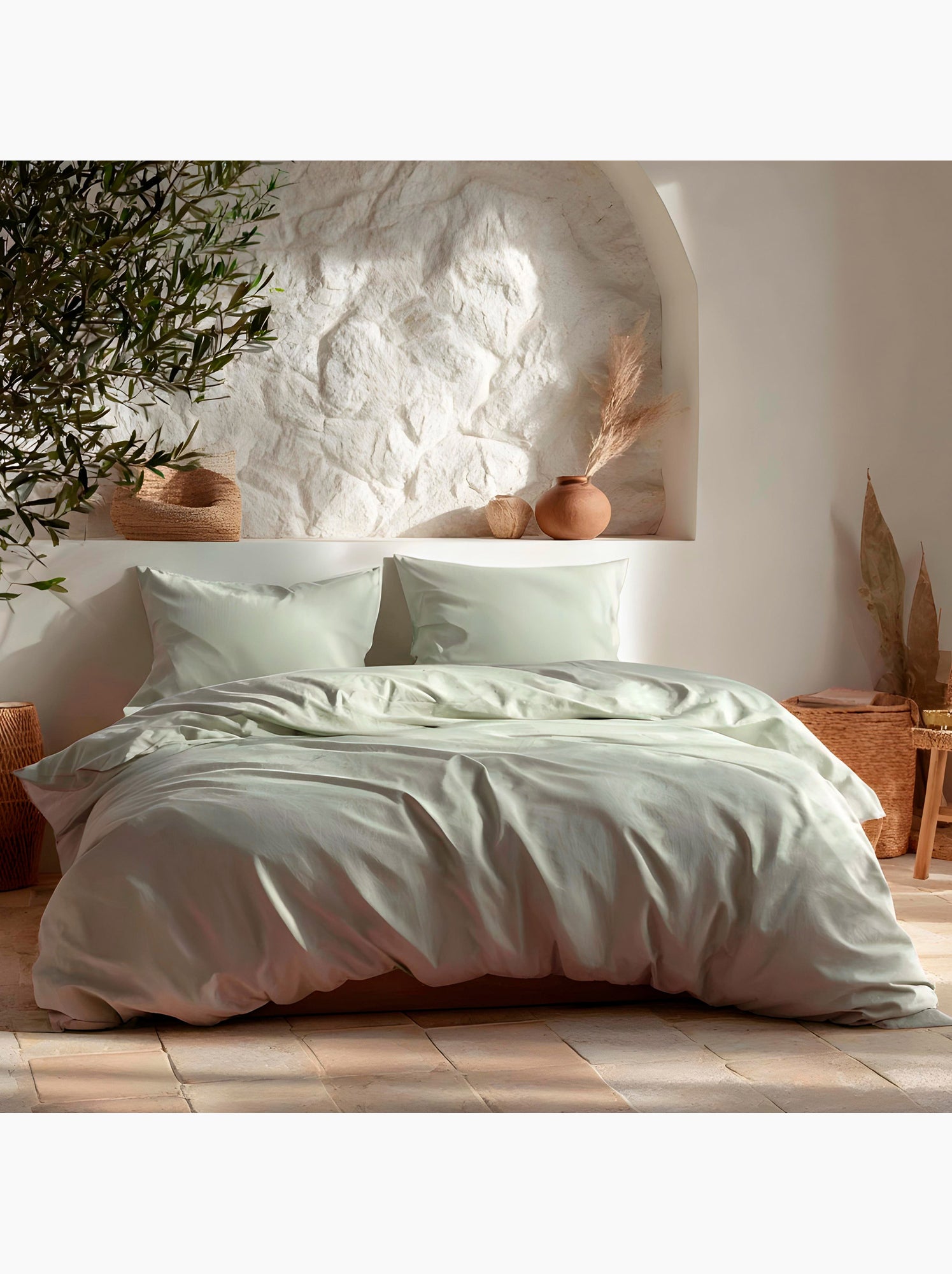 Parure de housse de couette 100% coton, avec taie(s) d’oreiller, unie - Gamusi. - Vert d'eau