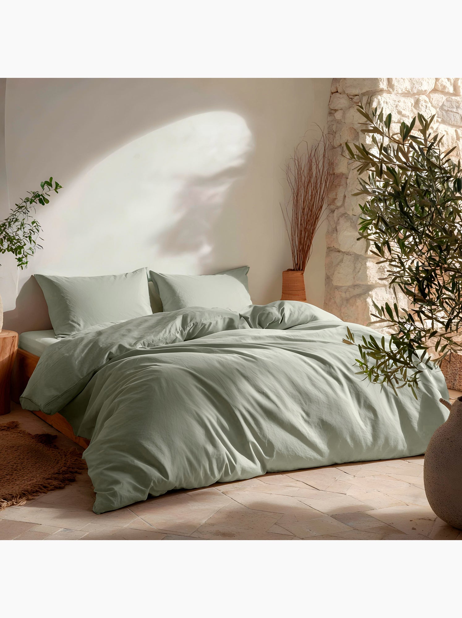 Parure de housse de couette 100% coton, avec taie(s) d’oreiller, unie - Gamusi. - Vert d'eau