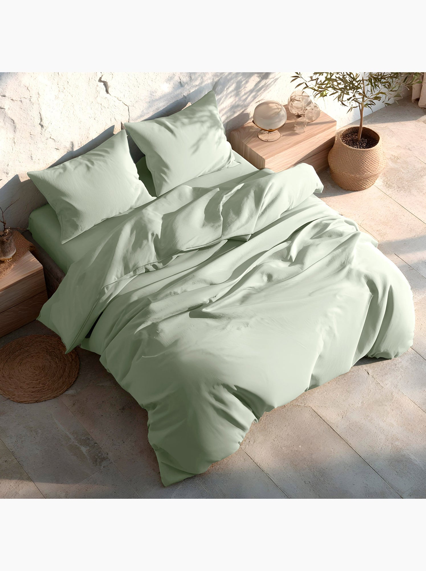 Parure de housse de couette 100% coton, avec taie(s) d’oreiller, unie - Gamusi. - Vert d'eau