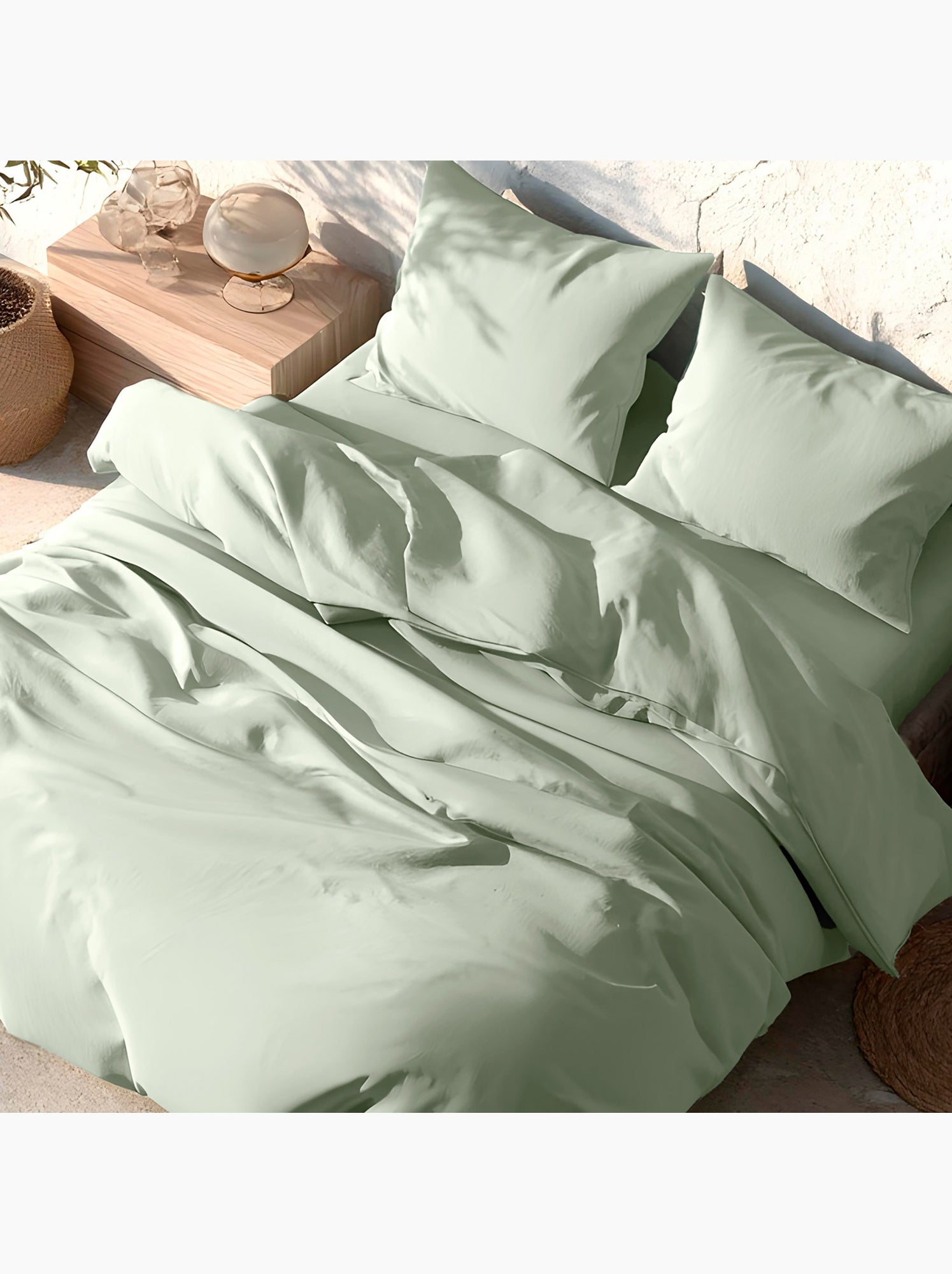 Parure de housse de couette 100% coton, avec taie(s) d’oreiller, unie - Gamusi. - Vert d'eau