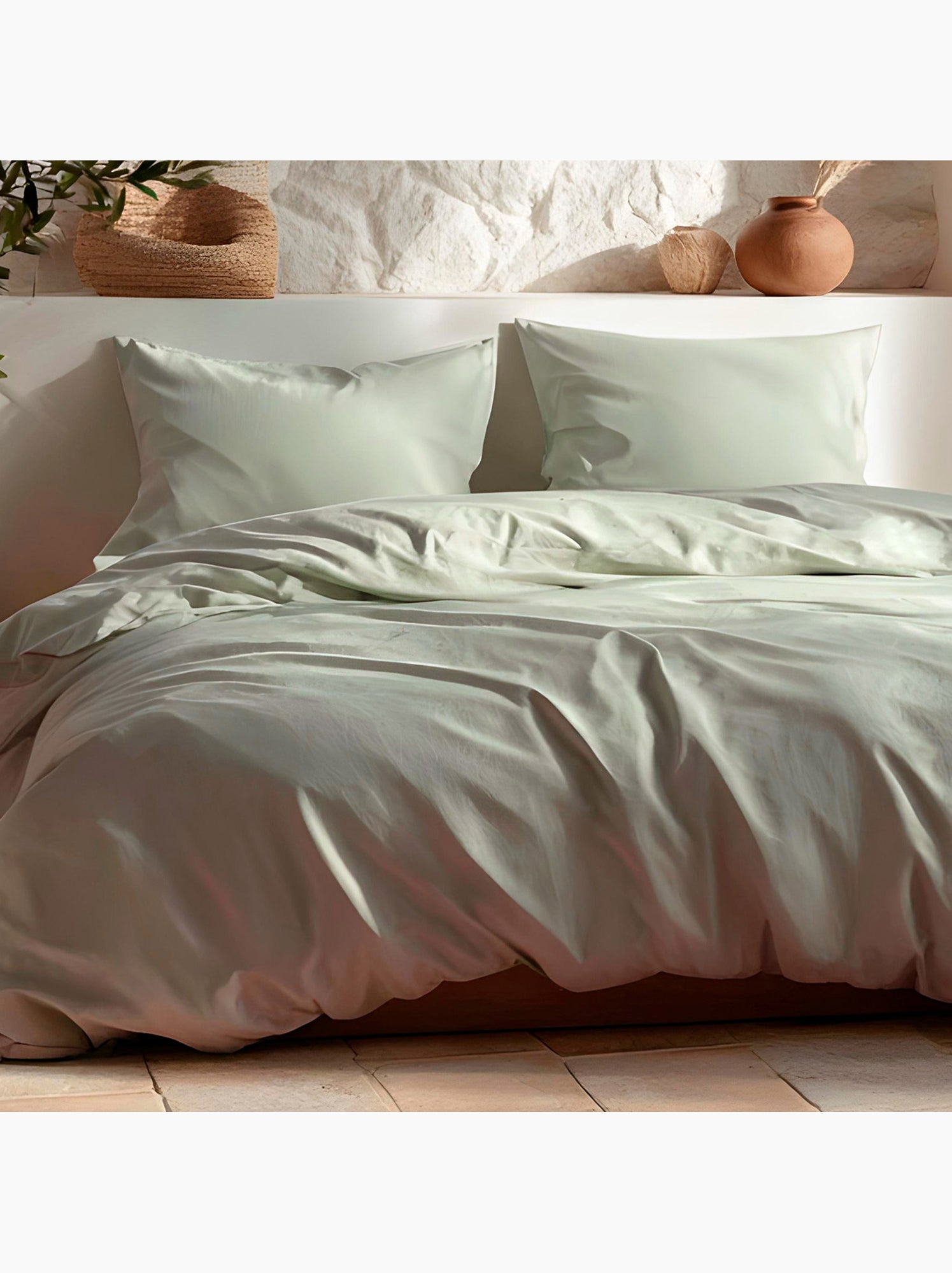 Parure de housse de couette 100% coton, avec taie(s) d’oreiller, unie - Gamusi. - Vert d'eau