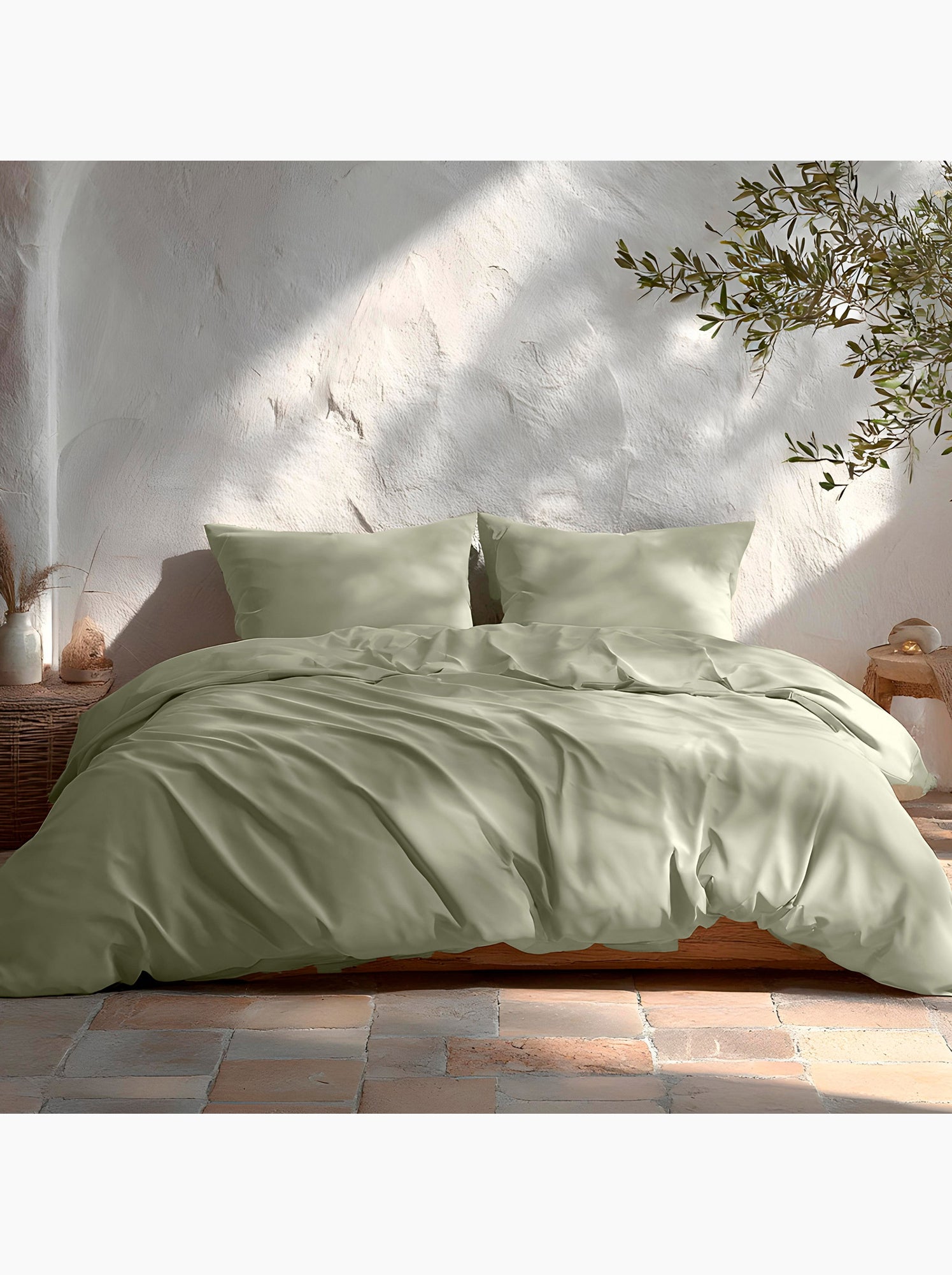 Parure de housse de couette 100% coton, avec taie(s) d’oreiller, unie - Gamusi. - Vert