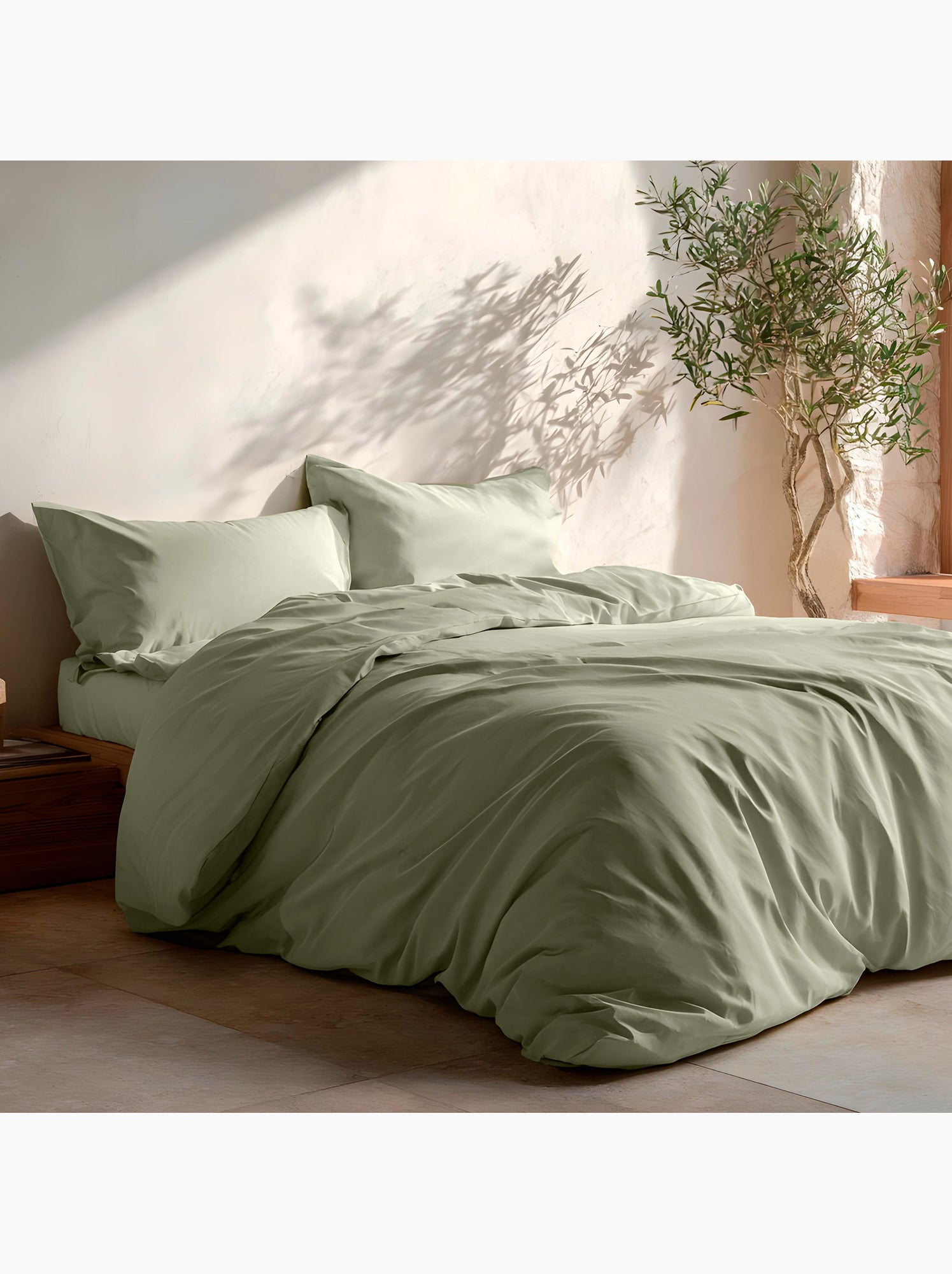 Parure de housse de couette 100% coton, avec taie(s) d’oreiller, unie - Gamusi. - Vert