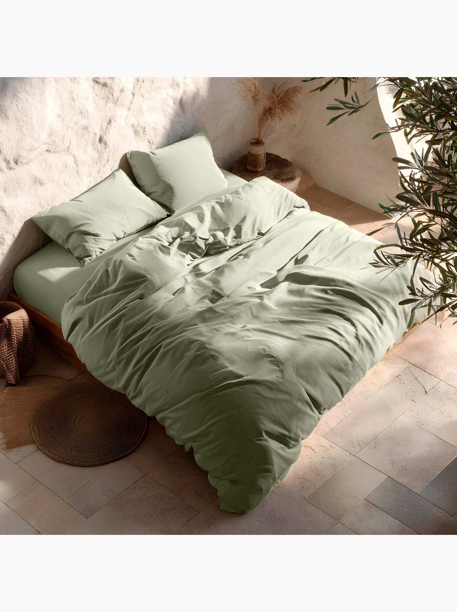 Parure de housse de couette 100% coton, avec taie(s) d’oreiller, unie - Gamusi. - Vert