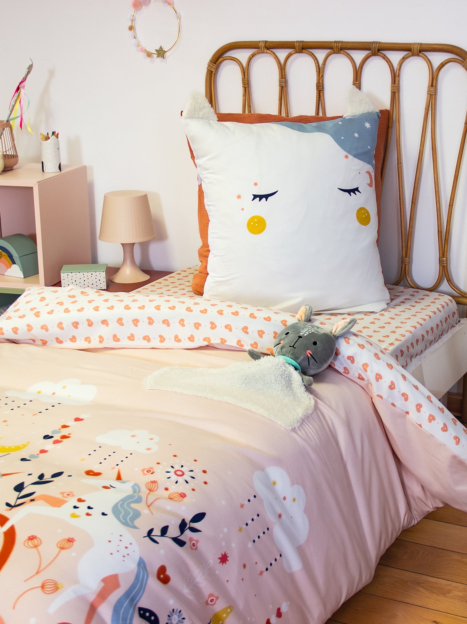 Parure de lit 1 personne 2 pièces : housse de couette + taie d'oreiller - Rose