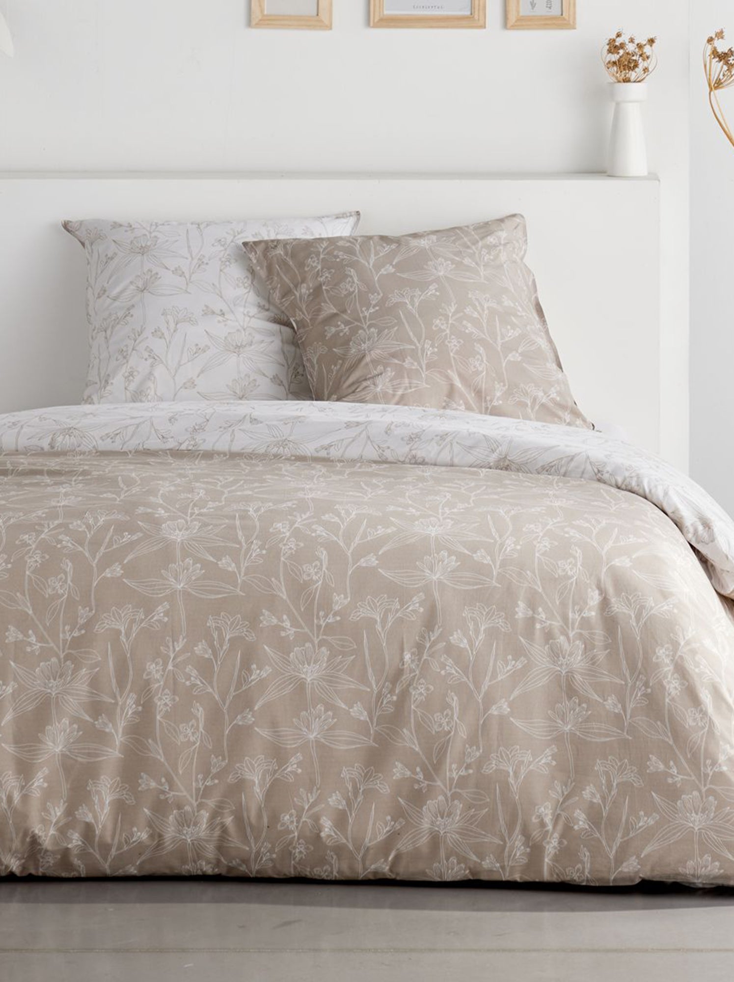 Parure de lit 2 personnes 3 pièces - 1 housse de couette + 2 taies d'oreiller - Beige