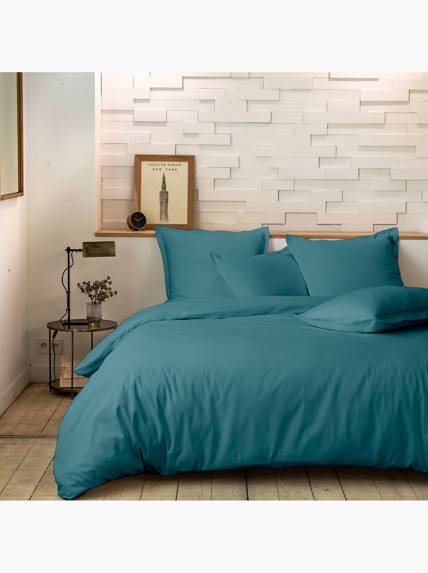 Parure de lit 240x220 cm percale de coton unie - mura - Bleu canard