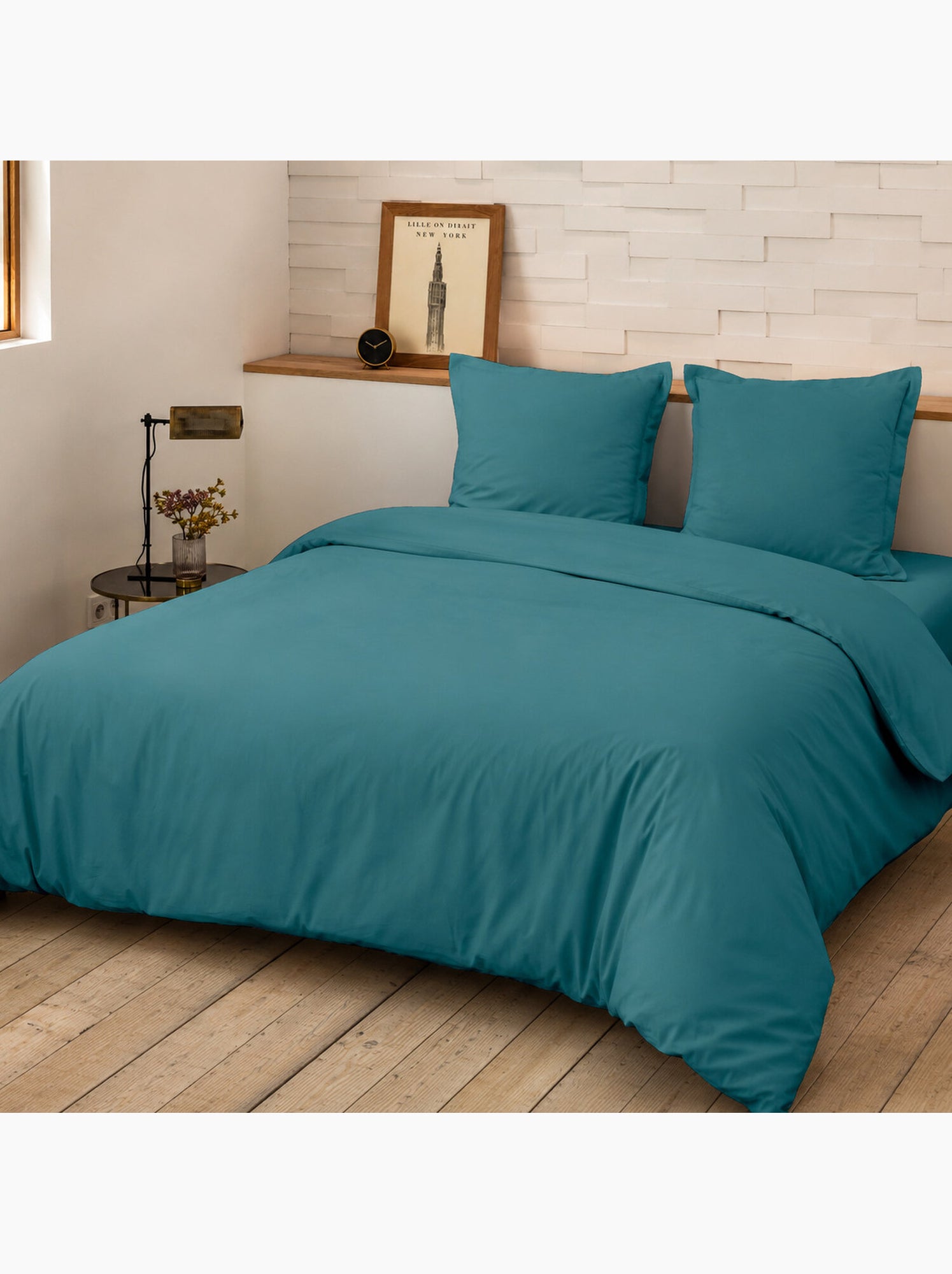 Parure de lit 240x220 cm percale de coton unie - mura - Bleu canard