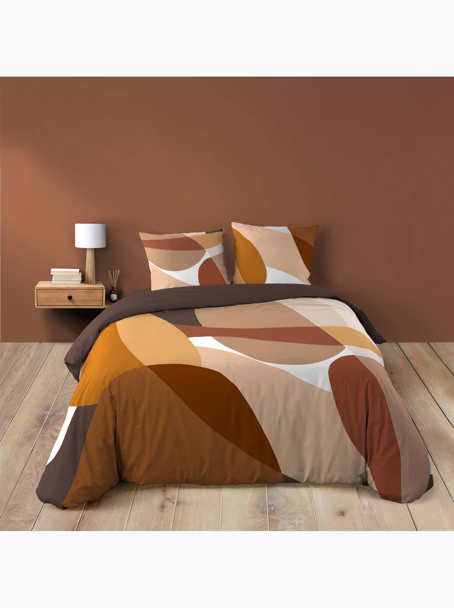 Parure de lit 3 pièces 100% coton à motif graphique housse + taies - Marron