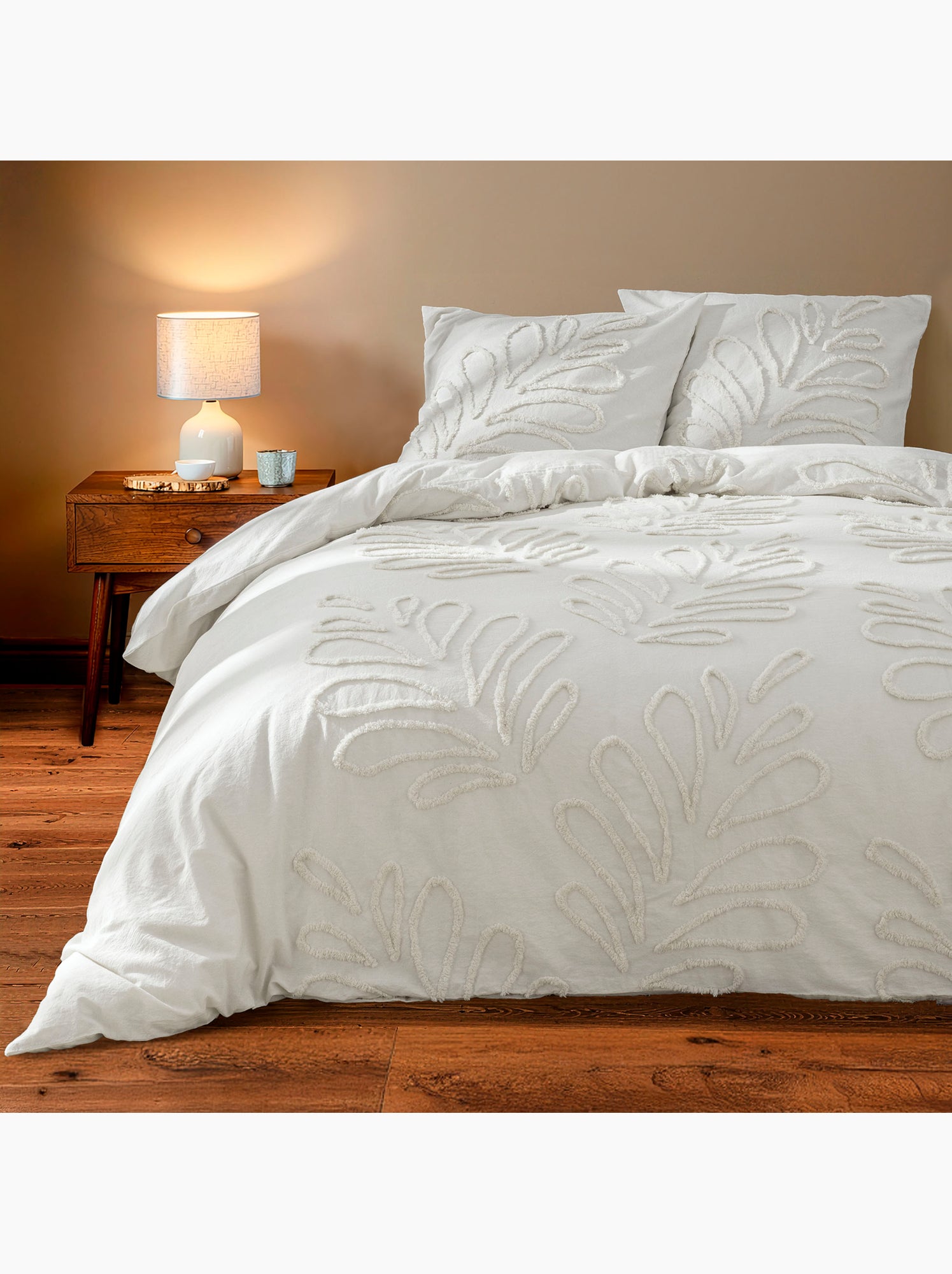 Parure de lit 3 pièces 100% coton tufté housse + taies - Blanc
