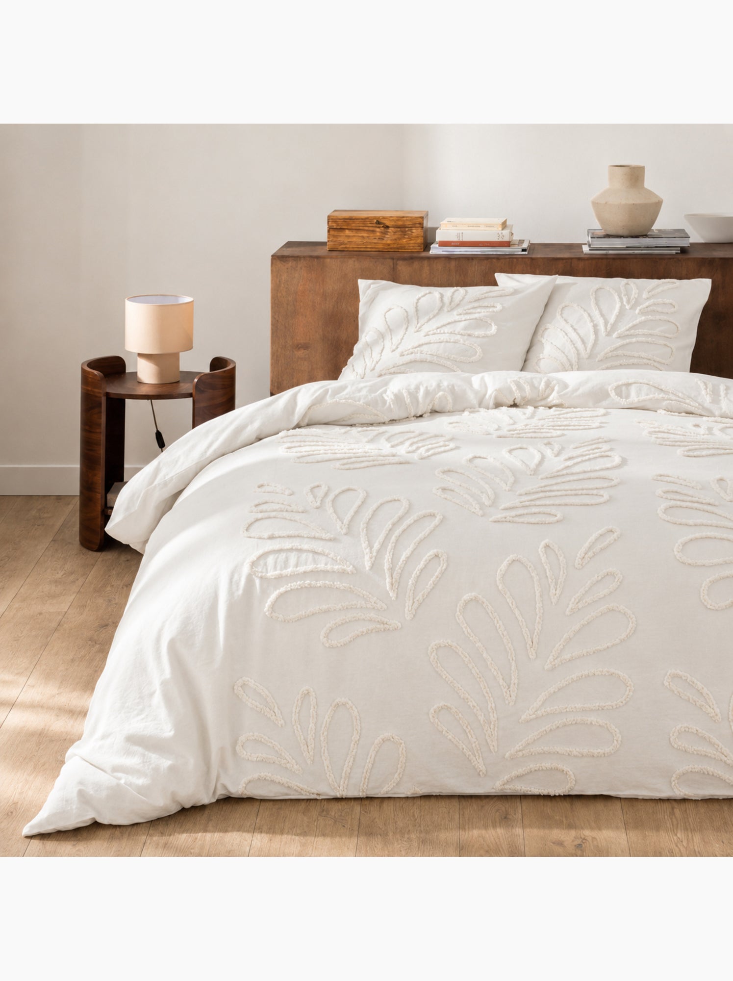 Parure de lit 3 pièces 100% coton tufté housse + taies - Blanc