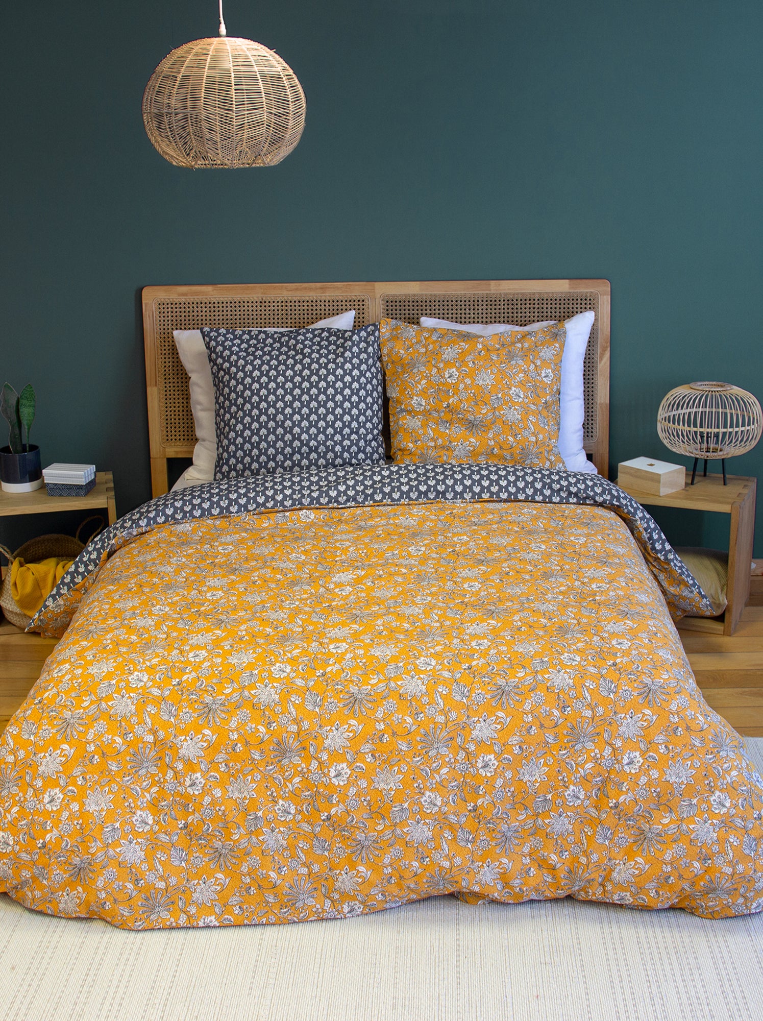 Parure de lit 3 pièces - 2 personnes - Housse de couette + 2 taies d'oreiller - Jaune
