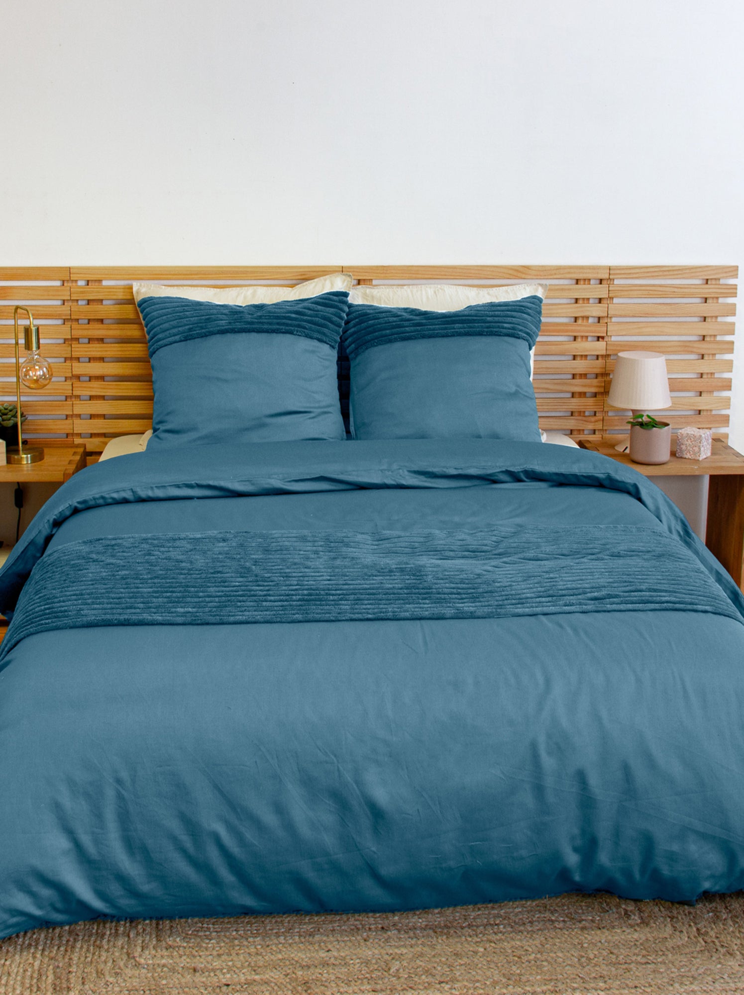 Parure de lit 3 pièces velours bande côtelé housse + taies - Bleu