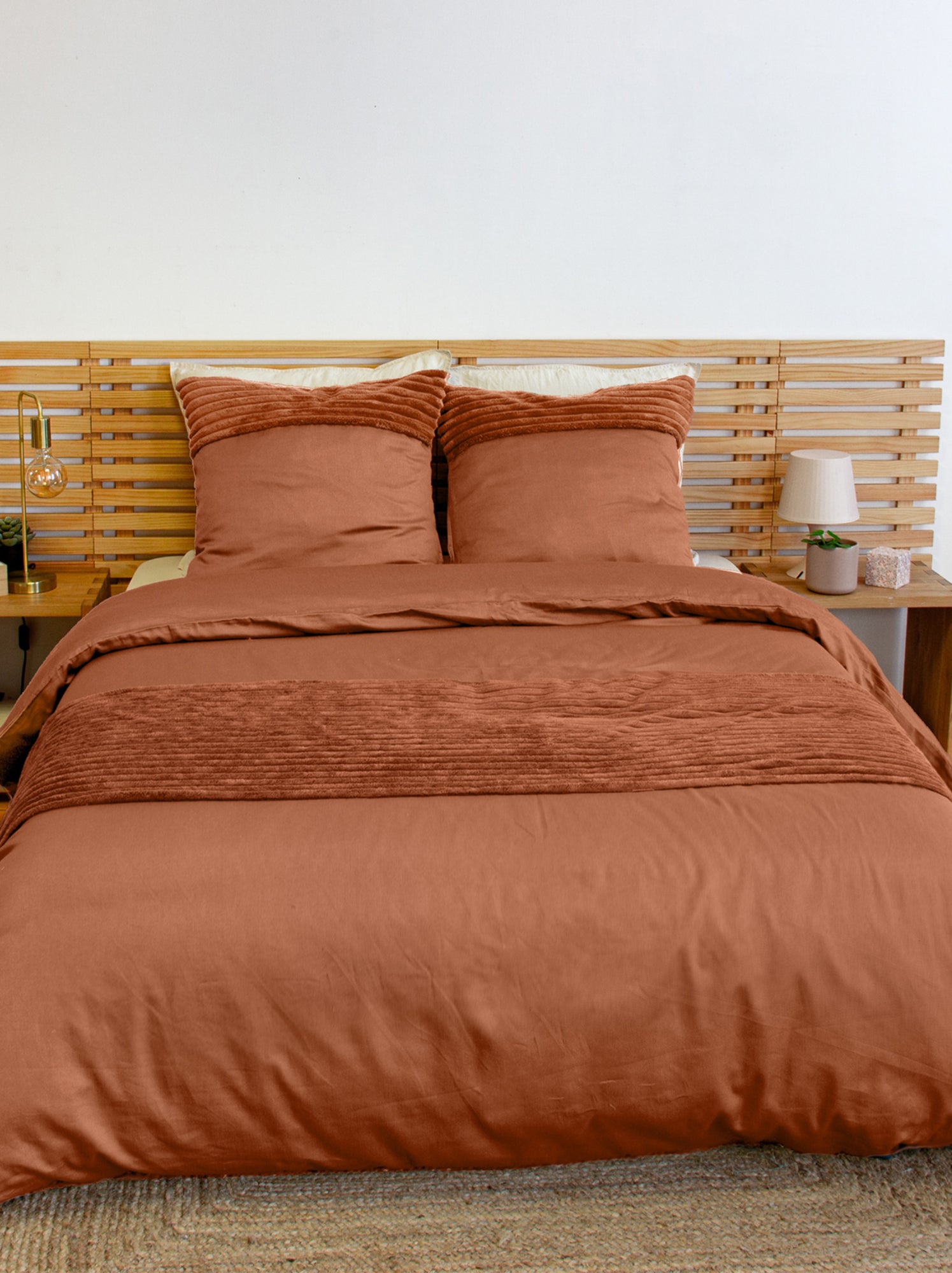 Parure de lit 3 pièces velours bande côtelé housse + taies - Orange