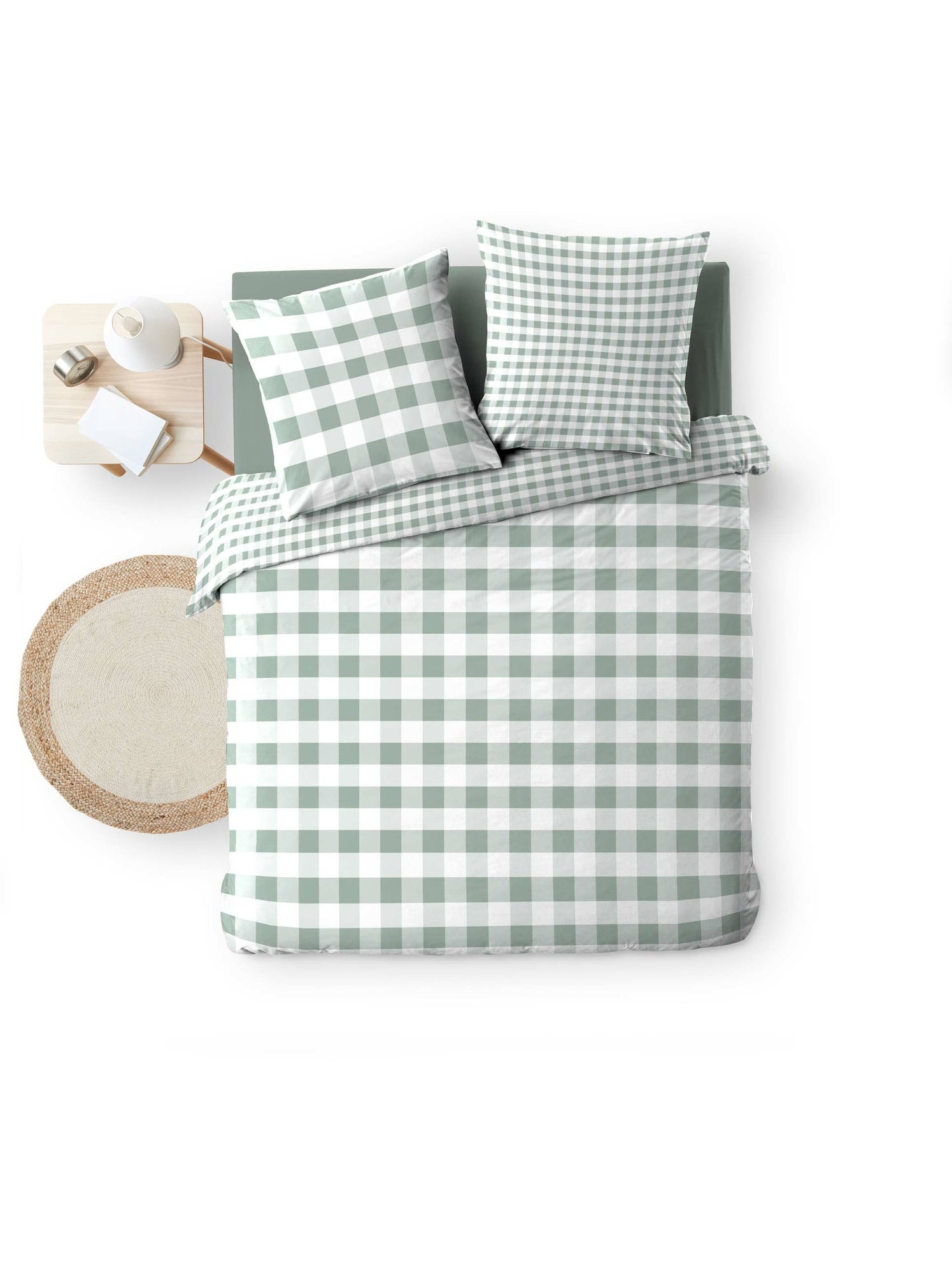 Parure de lit 3 pièces victorine – vichy coton 57 fils réversible - Vert Sauge