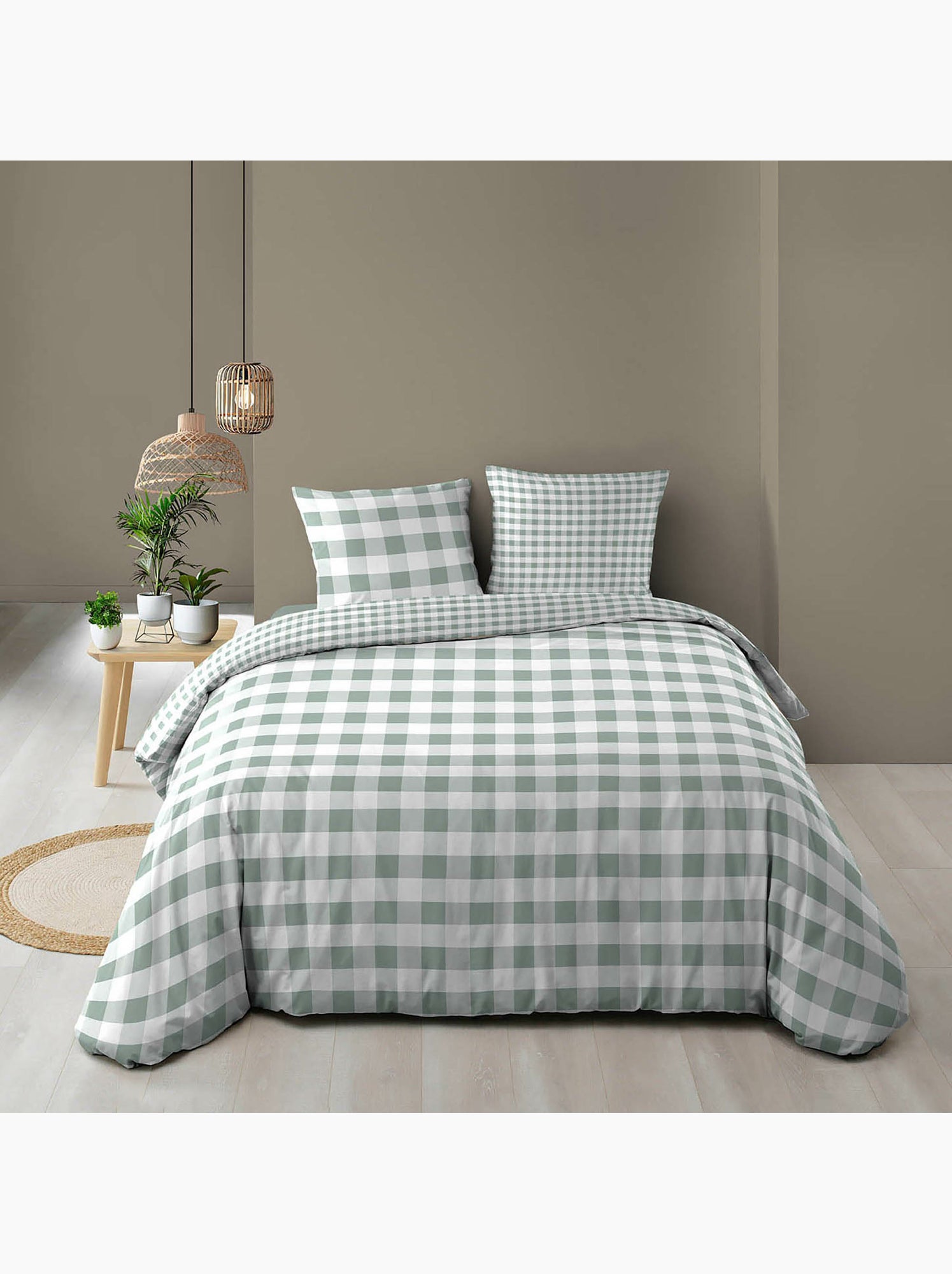 Parure de lit 3 pièces victorine – vichy coton 57 fils réversible - Vert Sauge