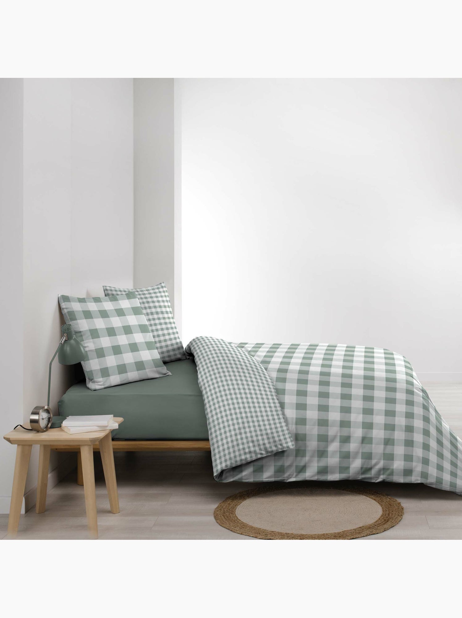 Parure de lit 3 pièces victorine – vichy coton 57 fils réversible - Vert Sauge