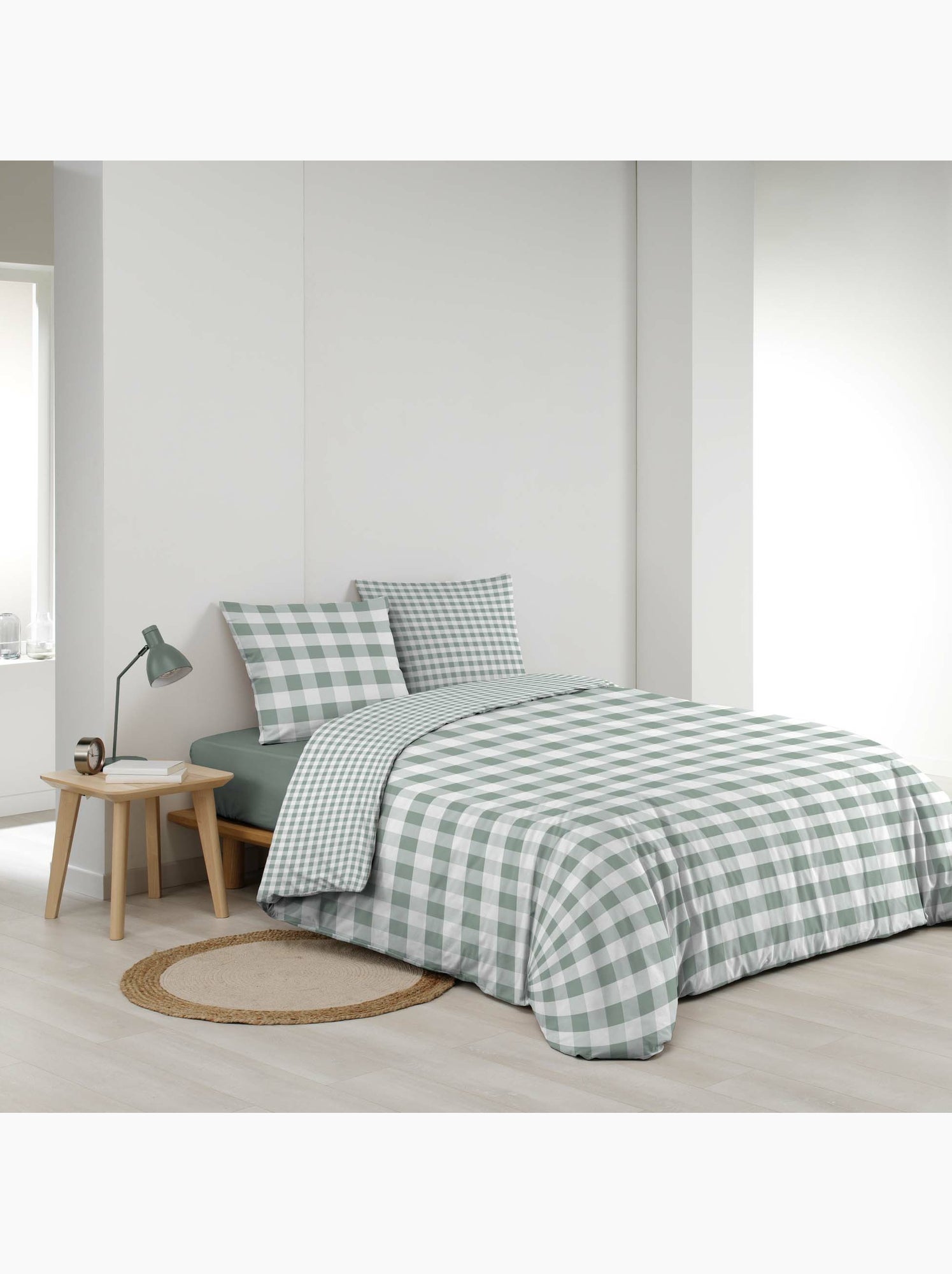 Parure de lit 3 pièces victorine – vichy coton 57 fils réversible - Vert Sauge