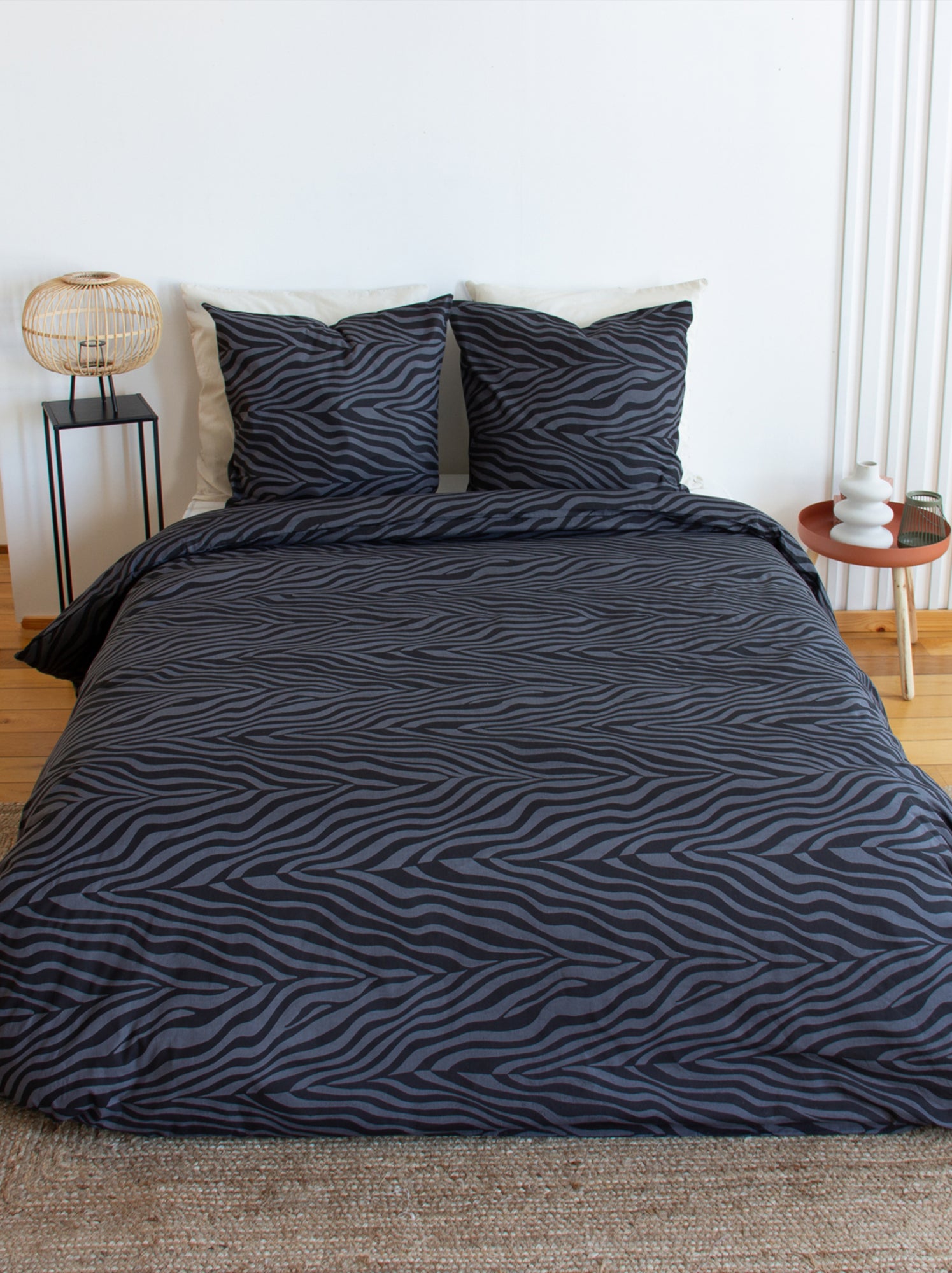Parure de lit 3 pièces zèbre coton housse + taies - Noir