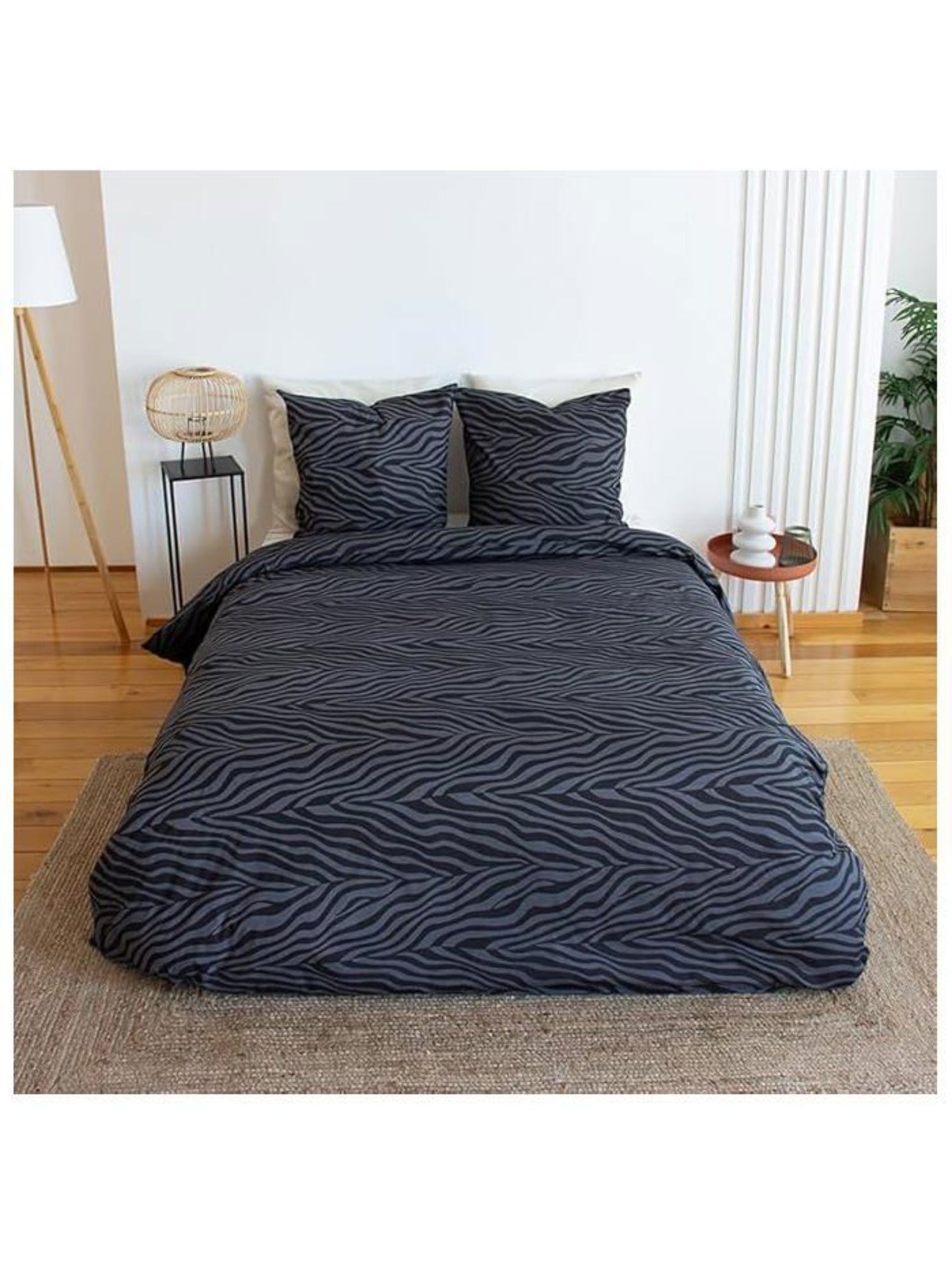 Parure de lit 3 pièces zèbre coton housse + taies - Noir