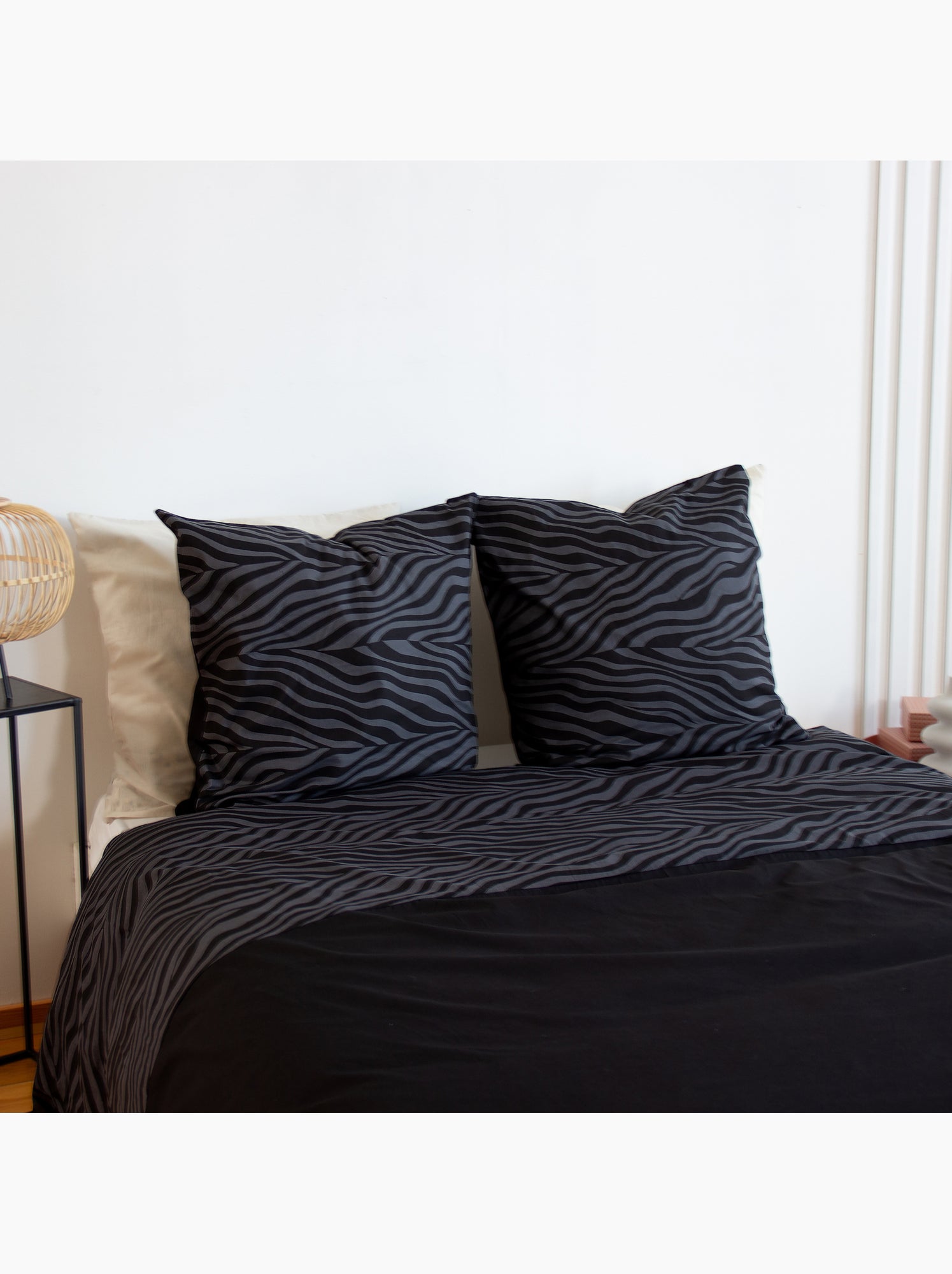 Parure de lit 3 pièces zèbre coton housse + taies - Noir