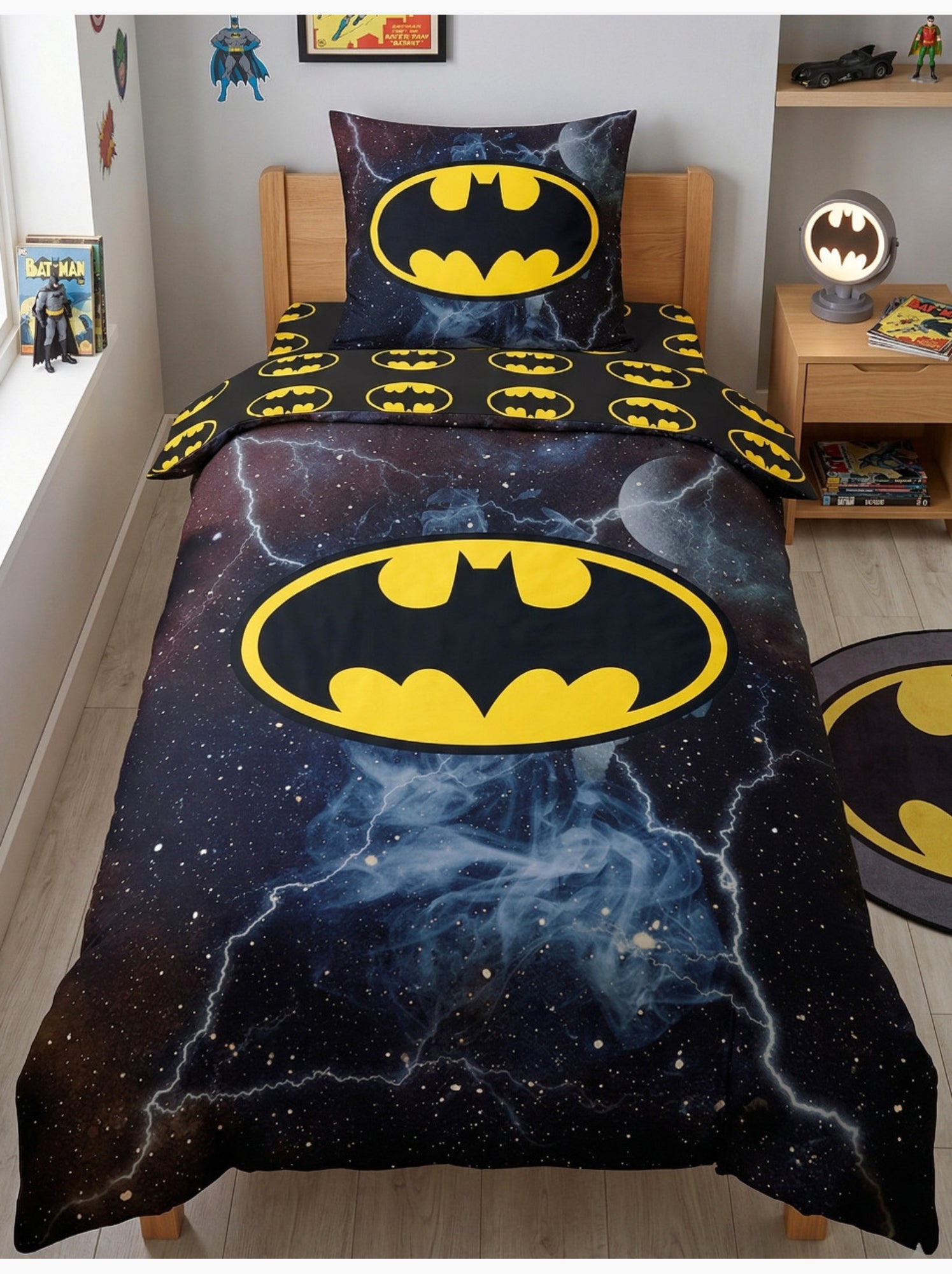 Parure de Lit Batman Comics Enfant, 100% Coton Oeko Tex, Imprimée Réversible, Lit 1 place - Gris Noir