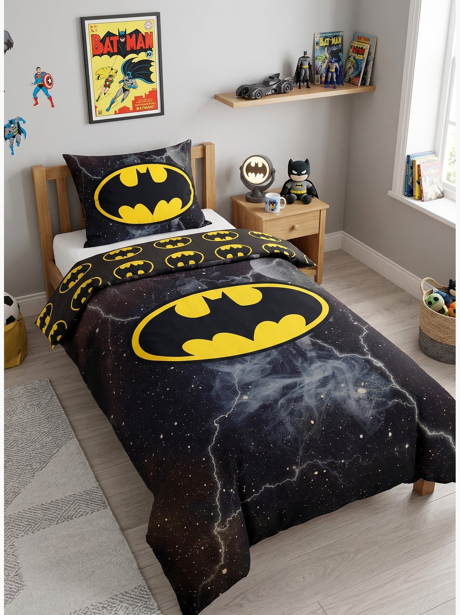 Parure de Lit Batman Comics Enfant, 100% Coton Oeko Tex, Imprimée Réversible, Lit 1 place - Gris Noir
