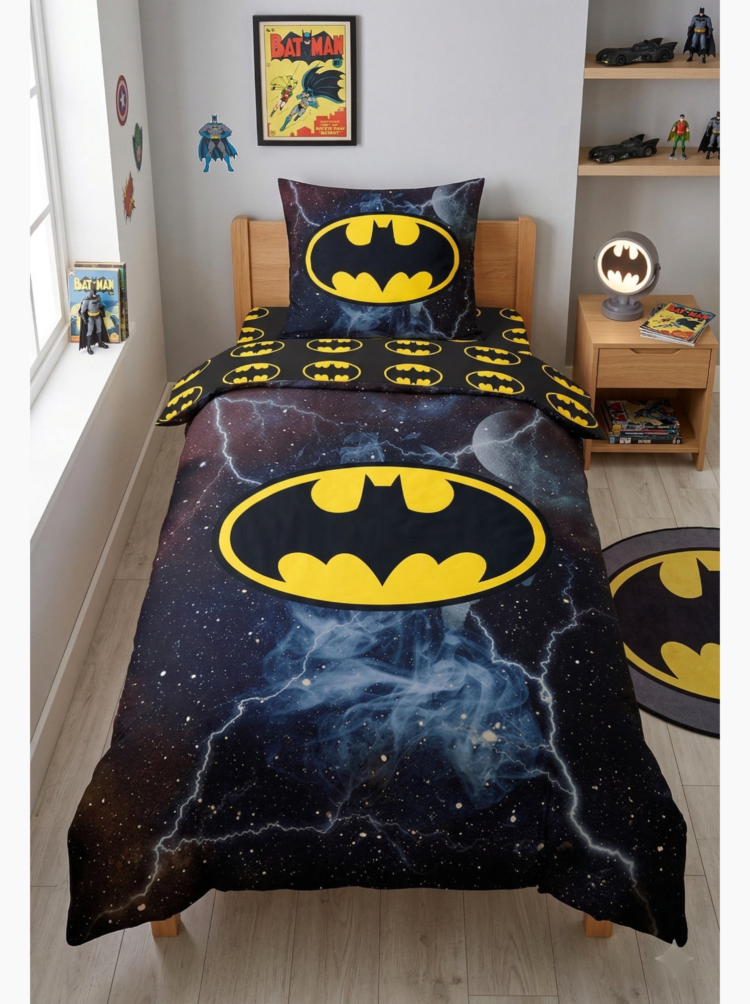 Parure de Lit Batman Comics Enfant, 100% Coton Oeko Tex, Imprimée Réversible, Lit 1 place - Gris Noir