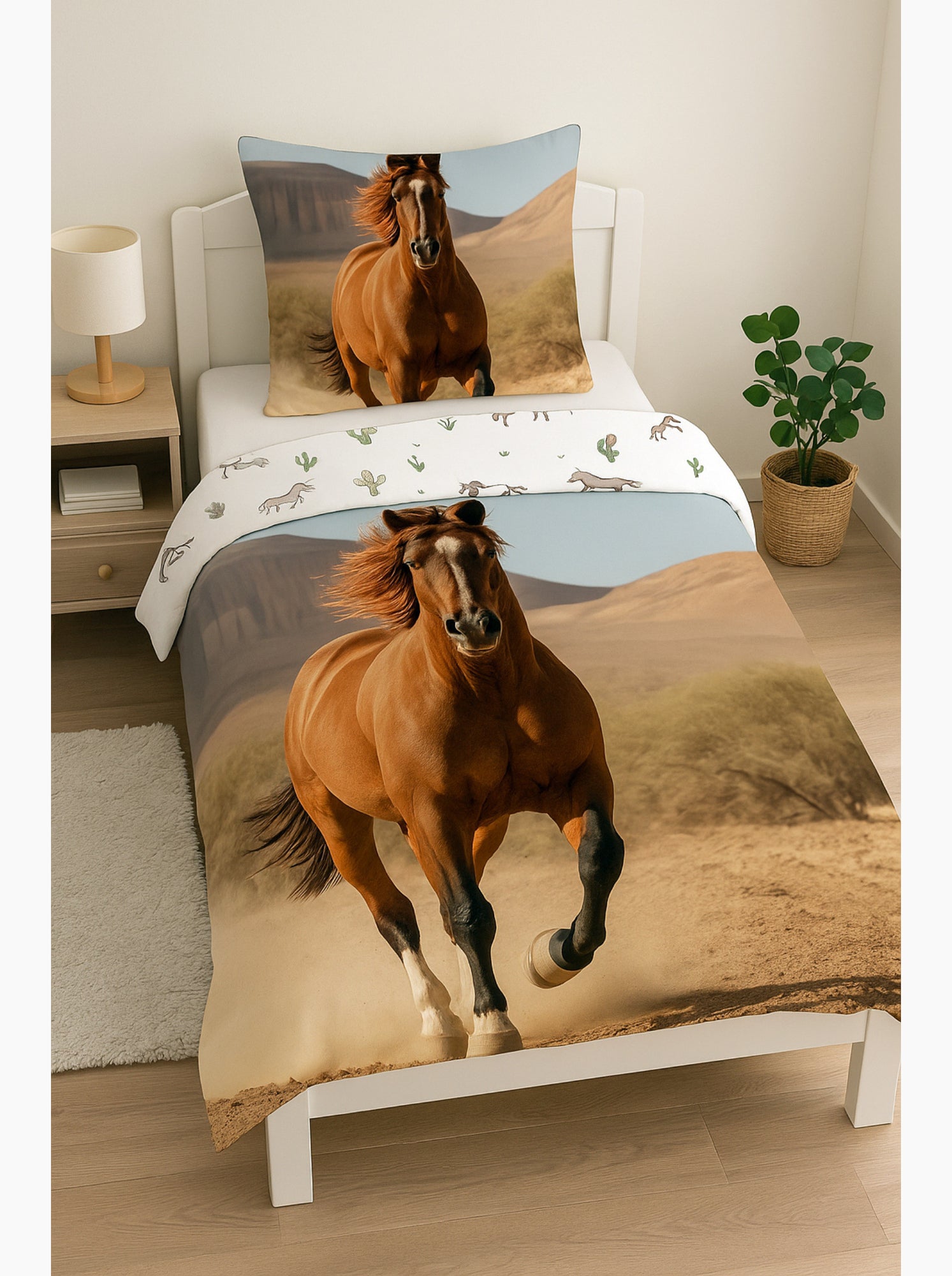 Parure de Lit Cheval Brun Enfant, 100% Coton Oeko Tex, Lit 1 Place, EQUITATION - Beige