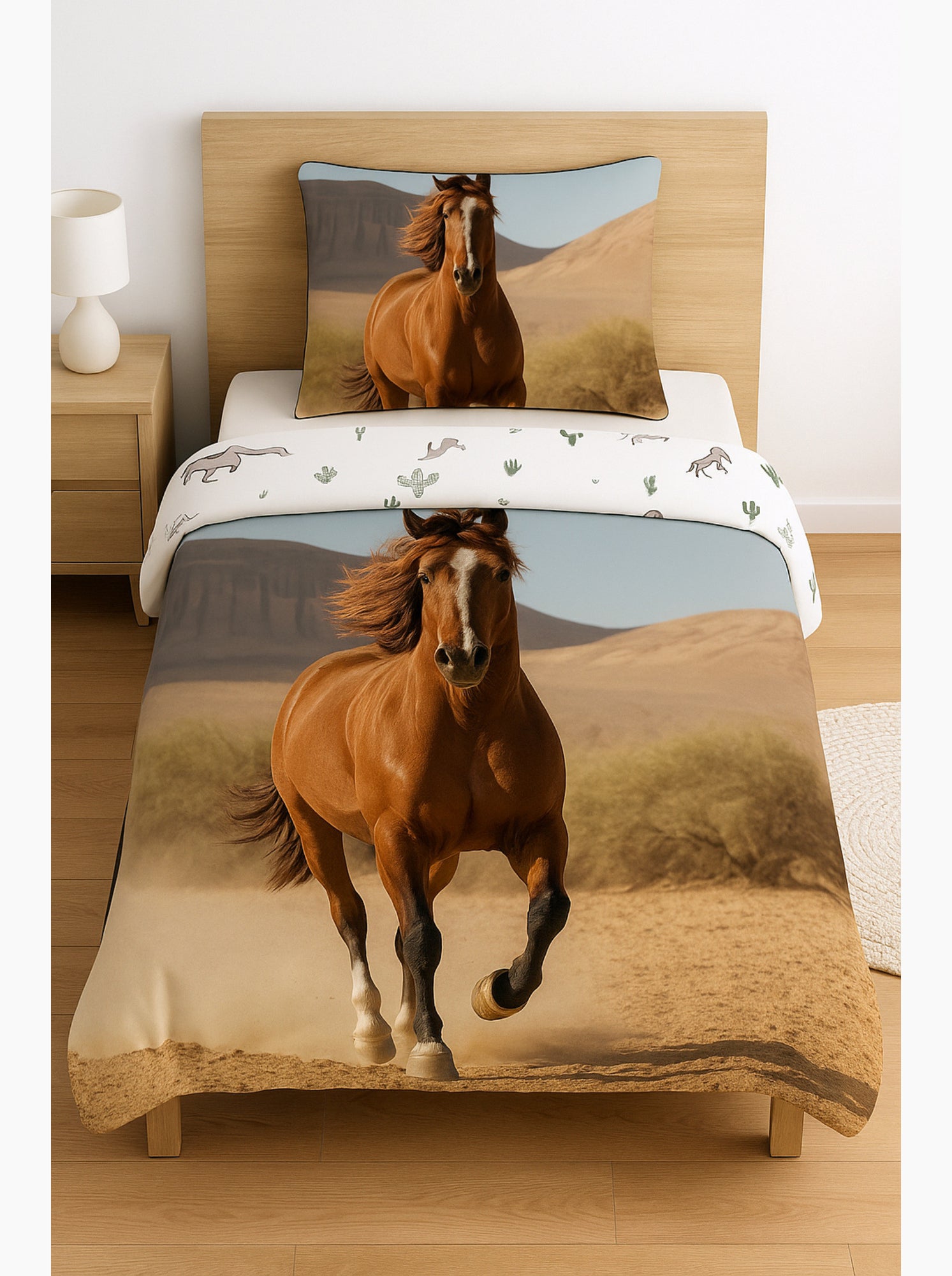 Parure de Lit Cheval Brun Enfant, 100% Coton Oeko Tex, Lit 1 Place, EQUITATION - Beige