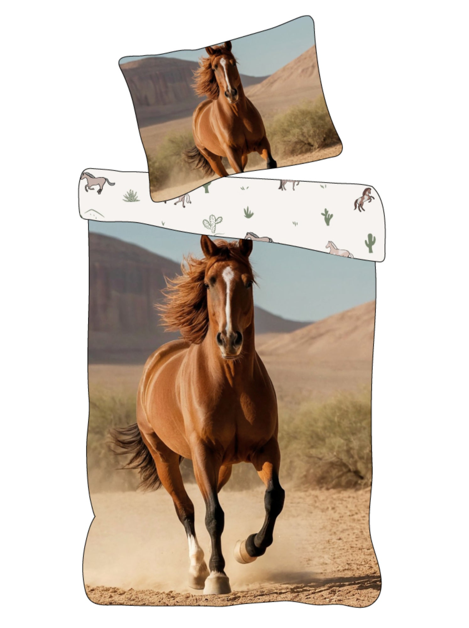 Parure de Lit Cheval Brun Enfant, 100% Coton Oeko Tex, Lit 1 Place, EQUITATION - Beige
