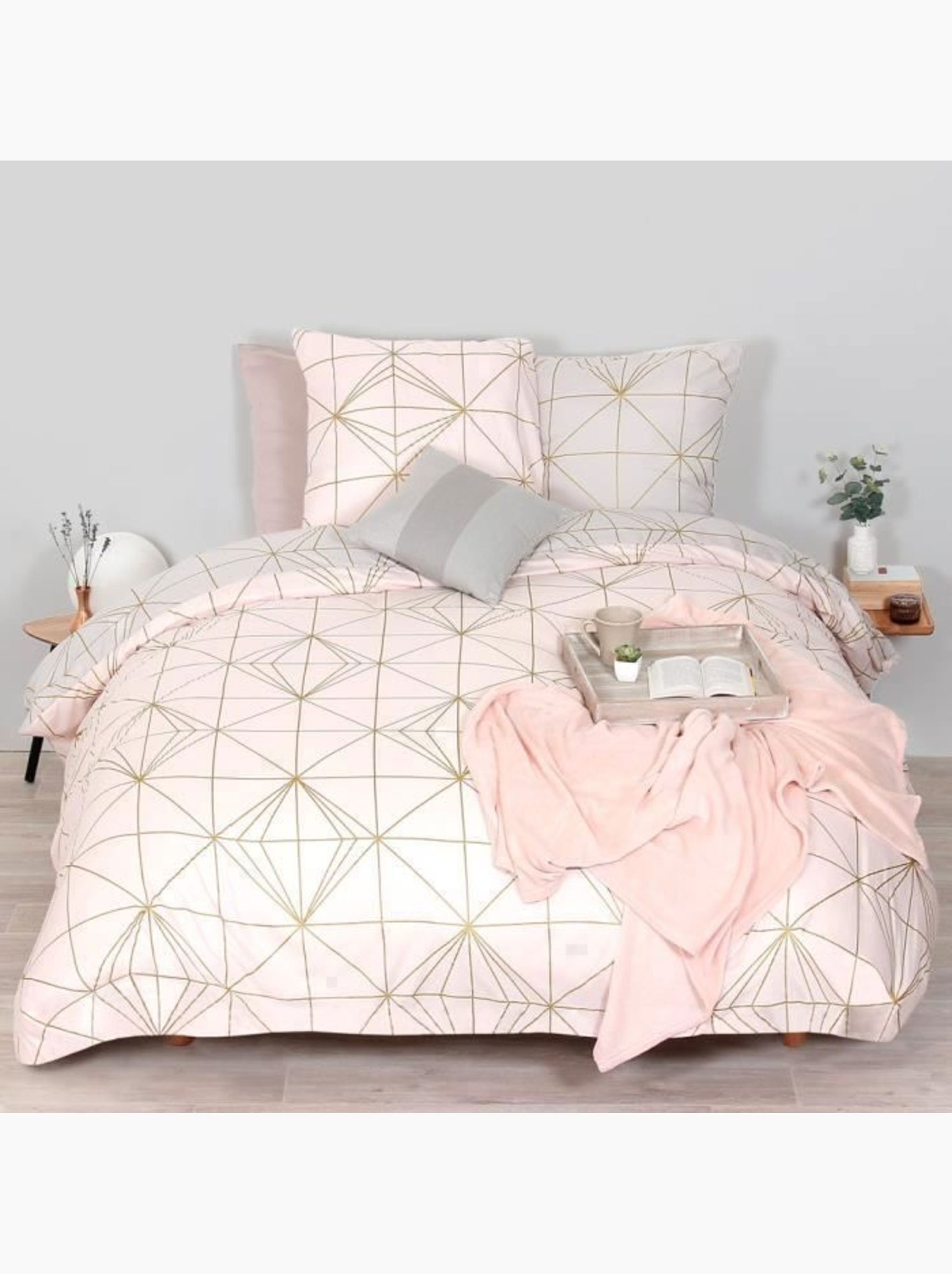 Parure de lit - housse de couette - 220x240 cm - 100% coton - réversible - géométrique blanc beige - Rose