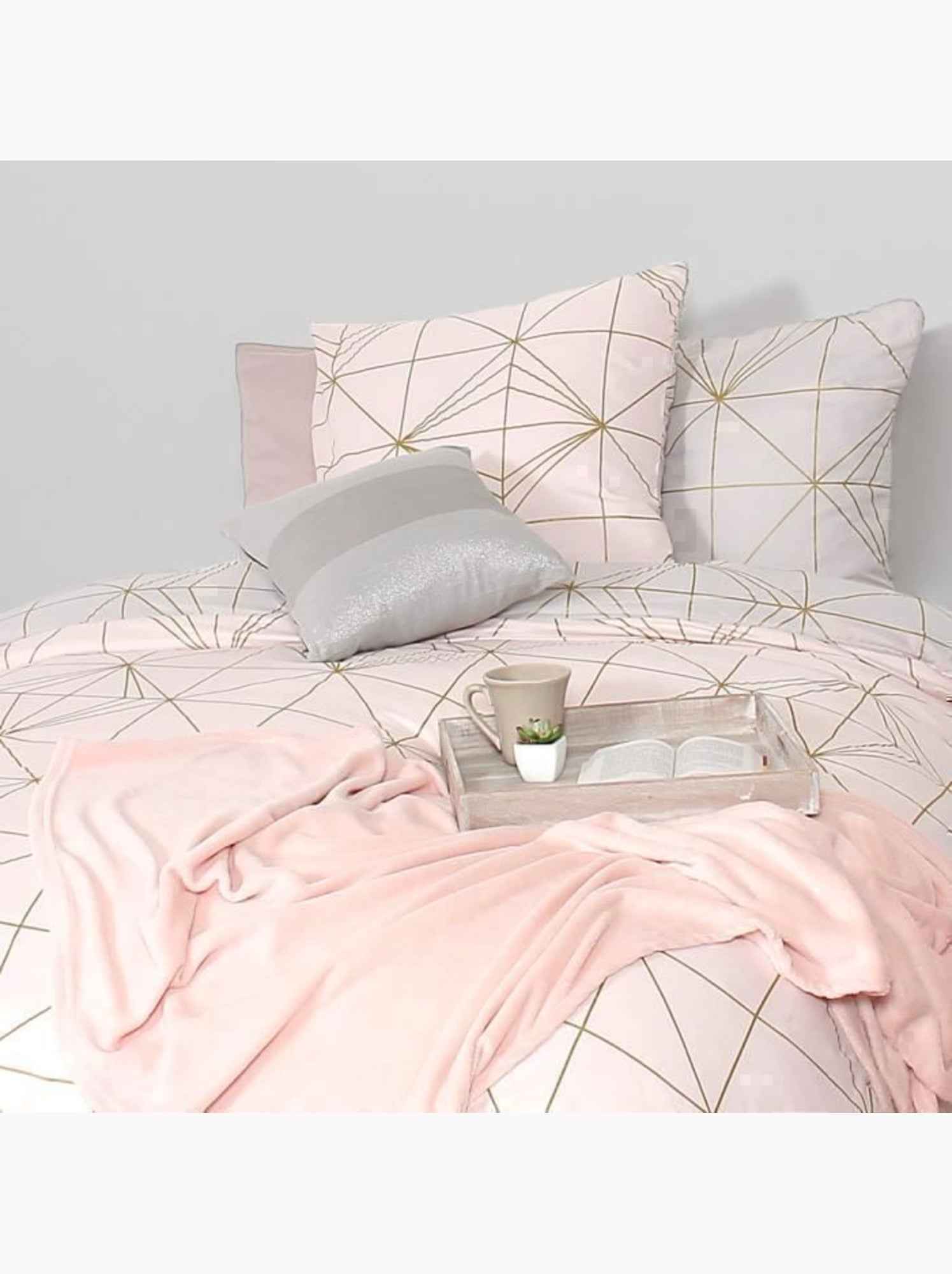 Parure de lit - housse de couette - 220x240 cm - 100% coton - réversible - géométrique blanc beige - Rose