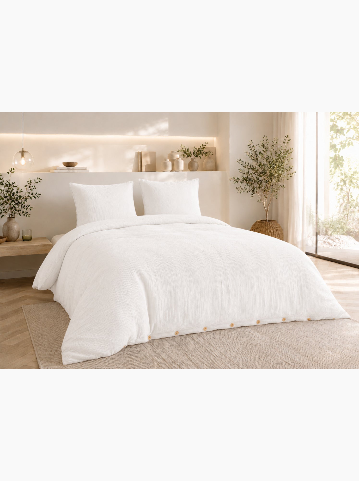 Parure de lit double gaze de coton gaïa + 2 taies 60x60 cm - Blanc